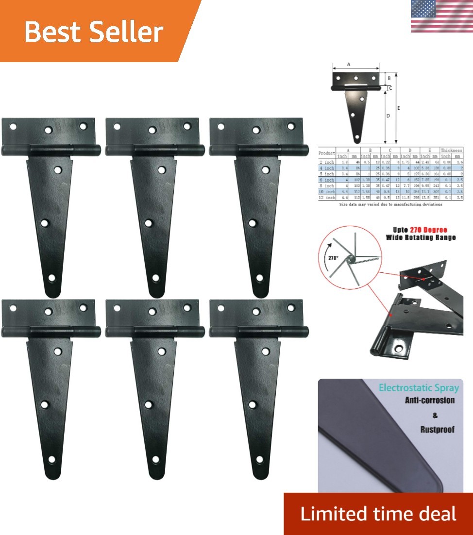 6 Inch Black Heavy-Duty T Hinges - Rustproof and Corrosion-Resistant, 6 Pack