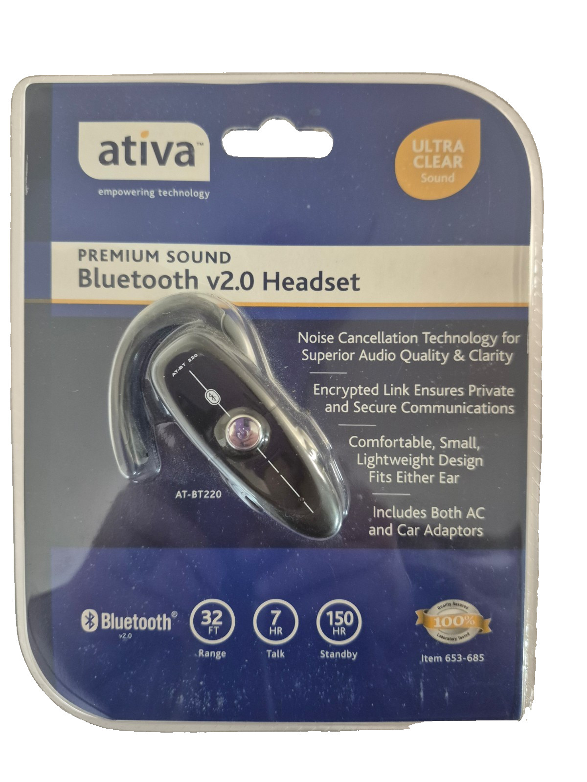 Ativa Bluetooth v2.0 Headset Extended Battery Life Bonus Auto Charger