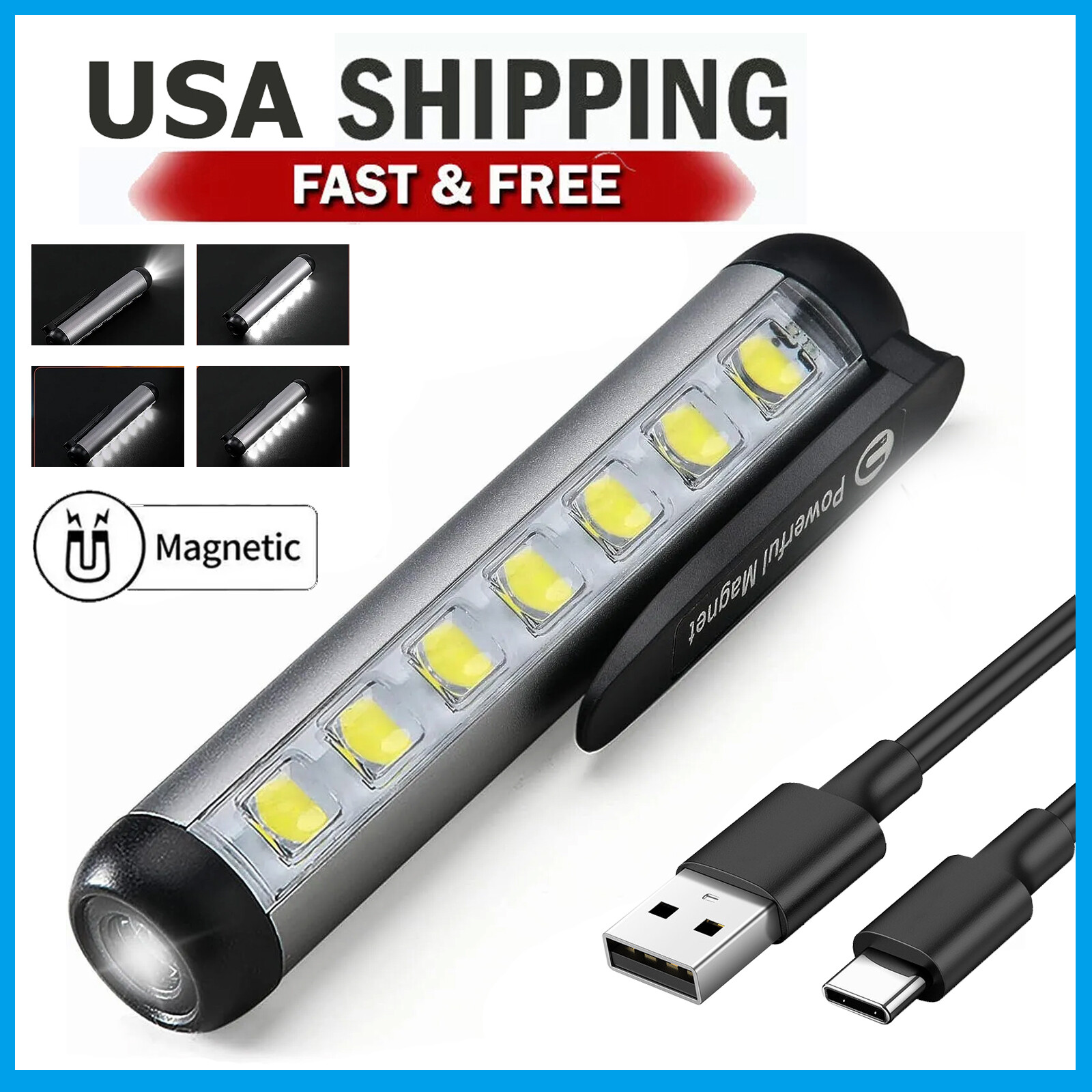 Magnetic Pen Flashlight Pocket Worklight Torch LED Penlight Rechargeable w/ Clip