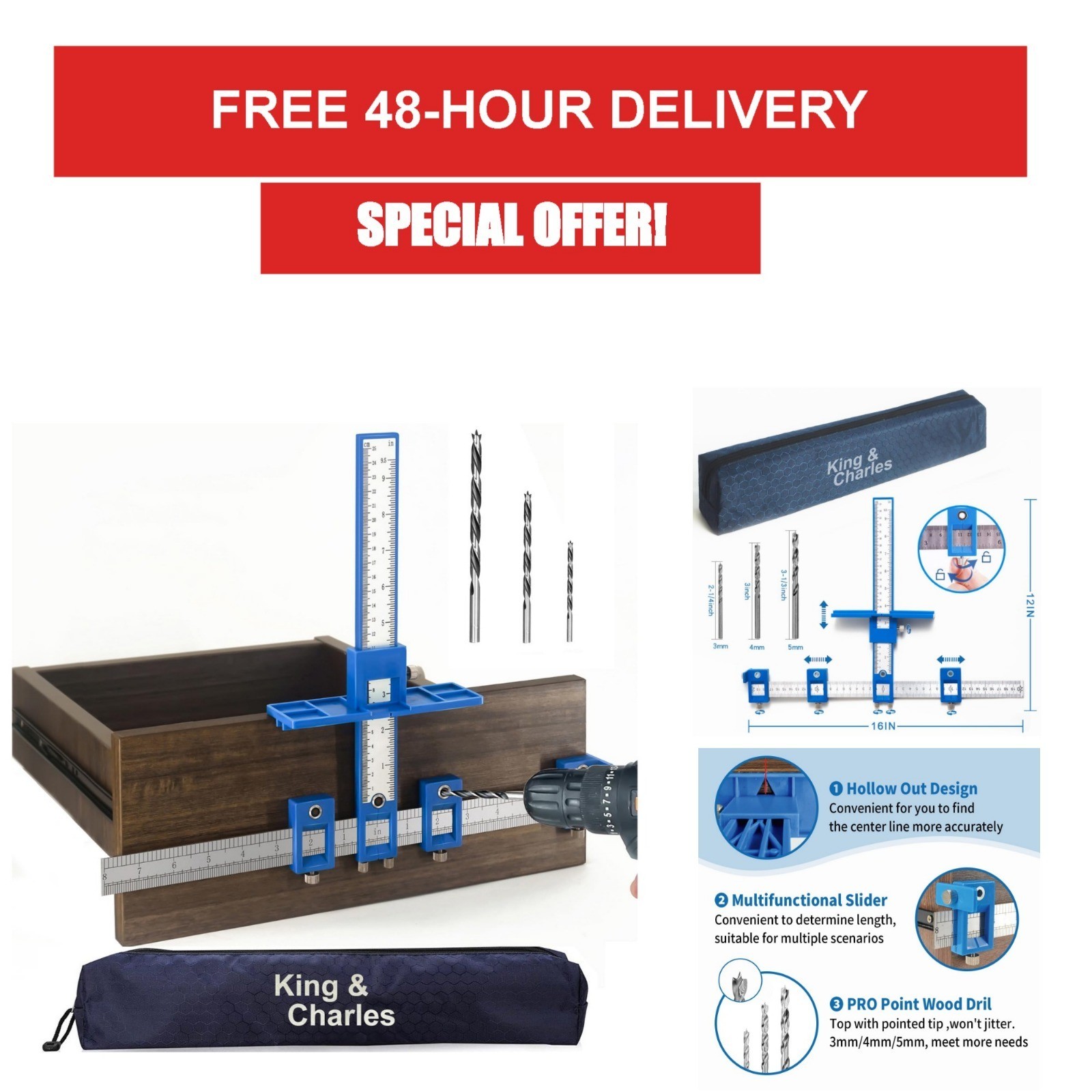 King&Charles Cabinet Hardware Jig with 3 Drill Bits for Handles & Knobs
