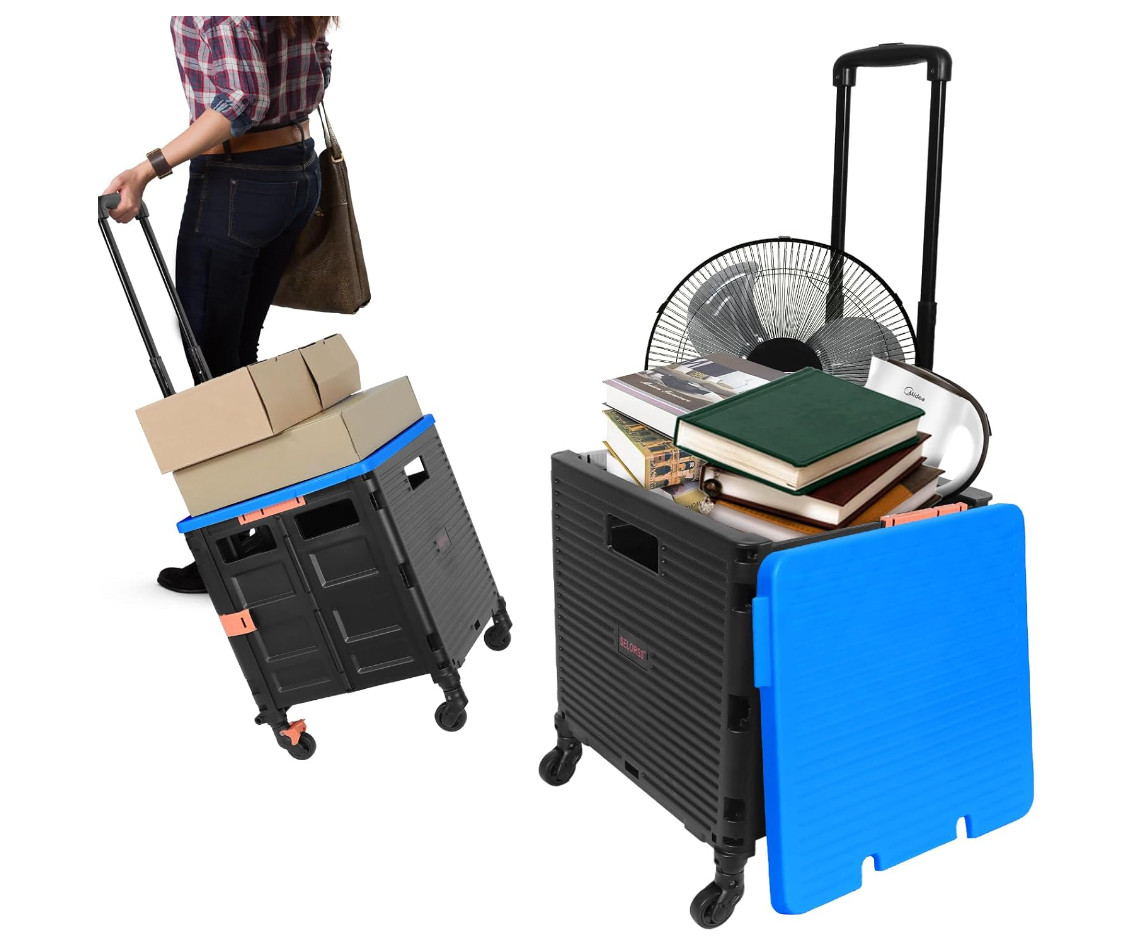 Rolling Crate Utility Cart Collapsible Tote Basket Teacher Cart with Lid