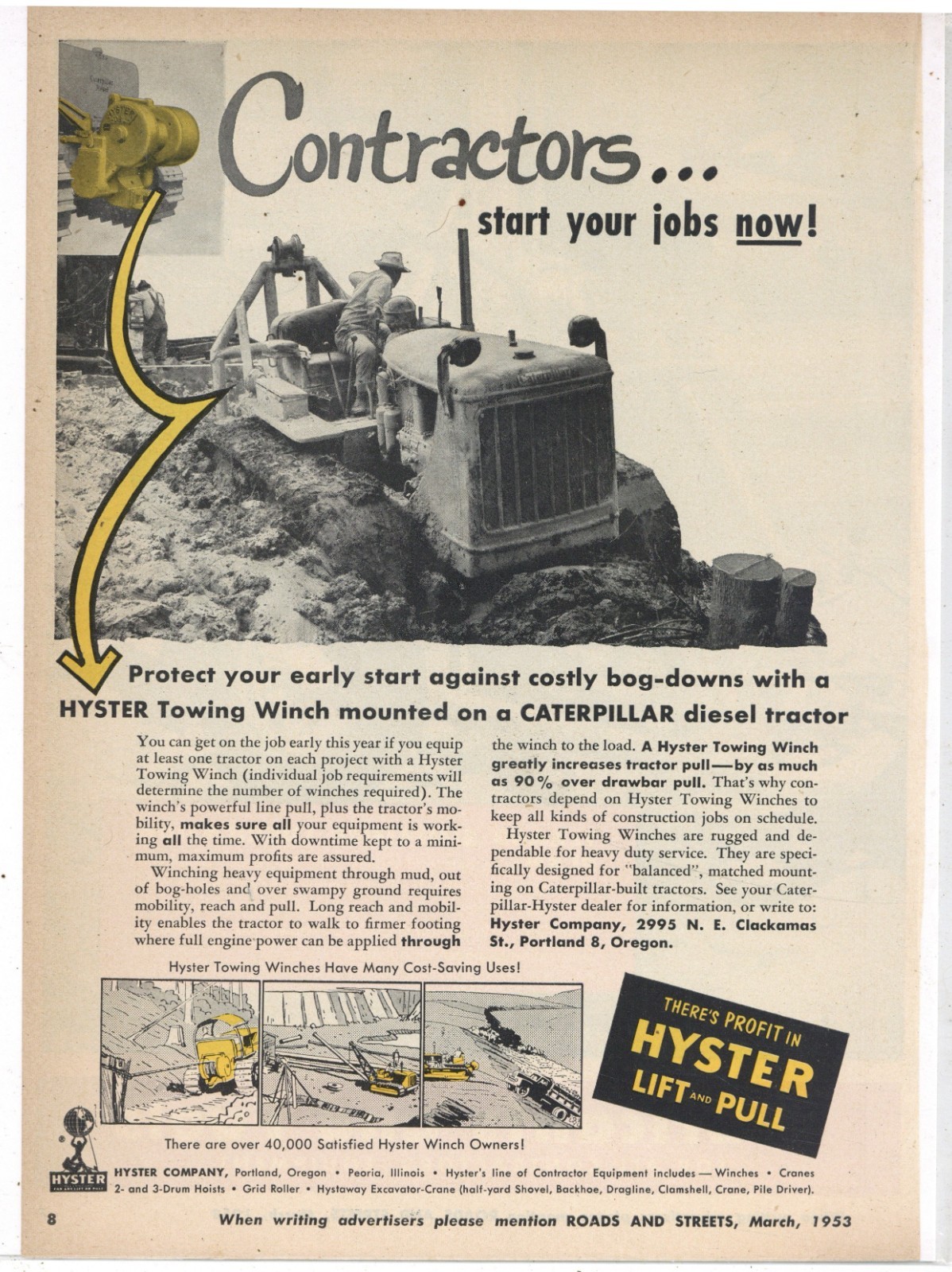 1953 Hyster Co. of Portland, Oregon Ad: Towing Winch for Caterpillar Tractor Pic