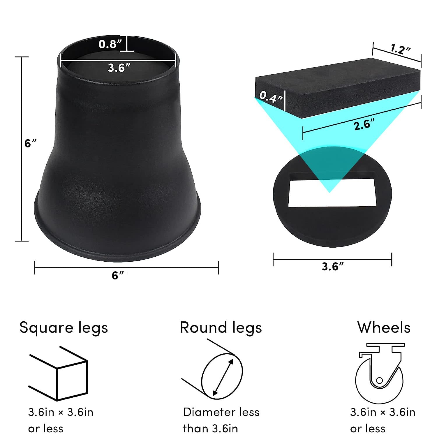 6 Pack 6 inch Heavy Duty Bed Furniture Risers Round Couch Risers 2200 lbs