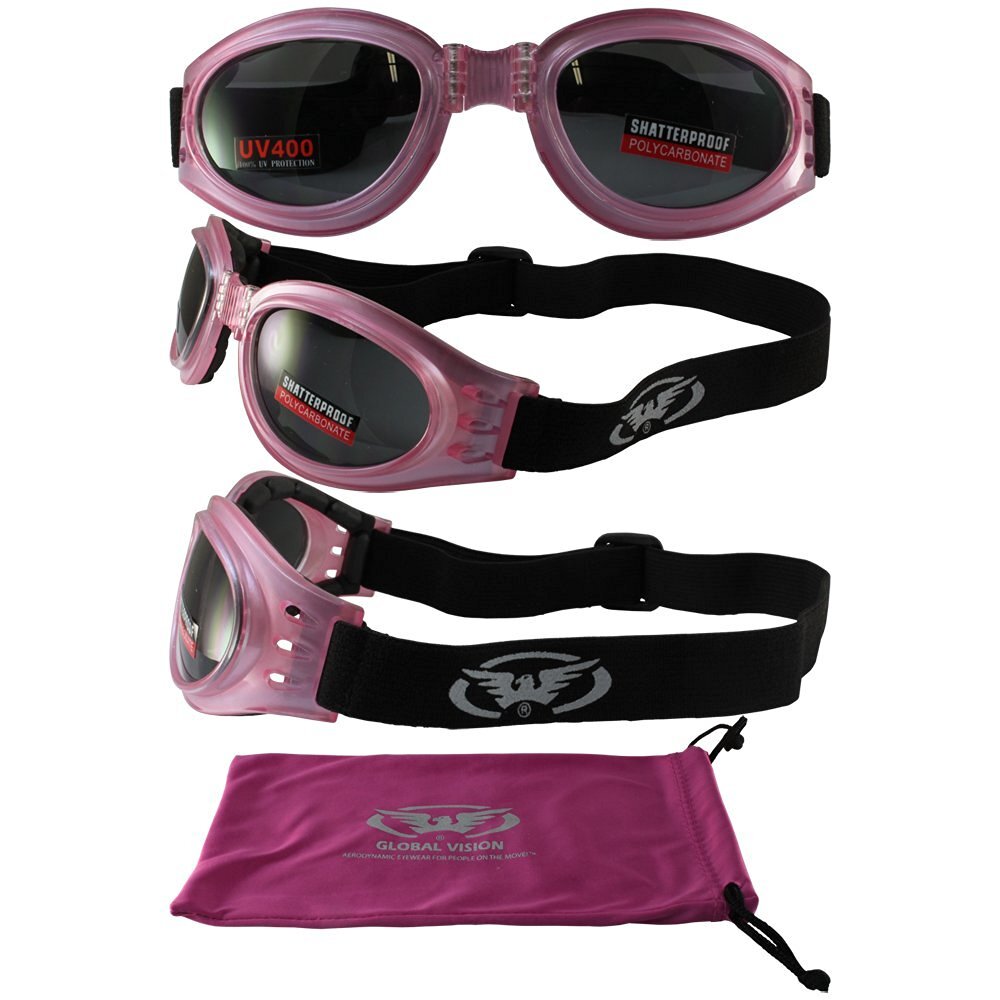Womens Padded Vented Folding Motorcycle Riding Goggles Pink Frames/Pouch UV400