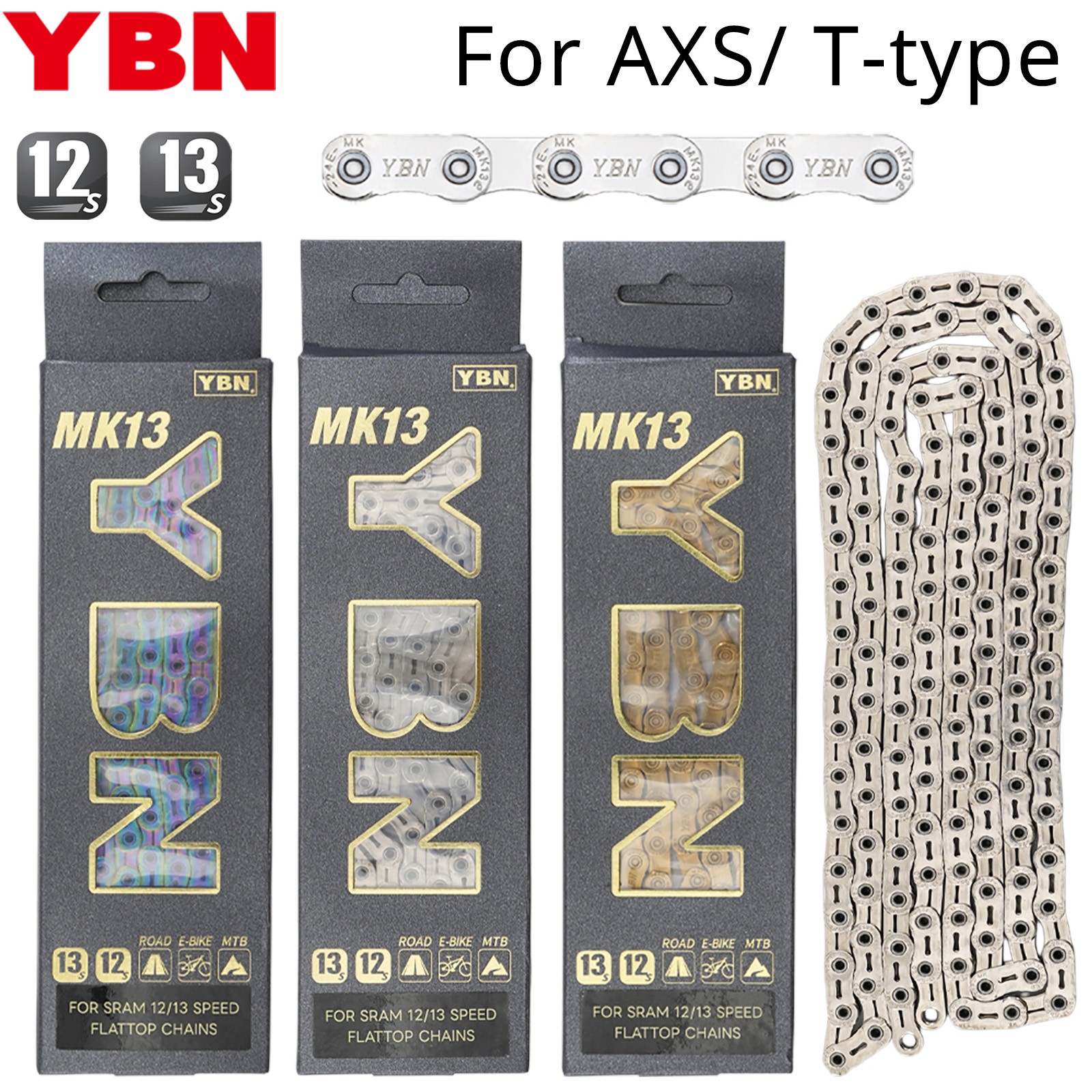 YBN Bike Chain for SRAM AXS Flattop T-Type 12 13 Speed Road MTB Gravel E-Bike