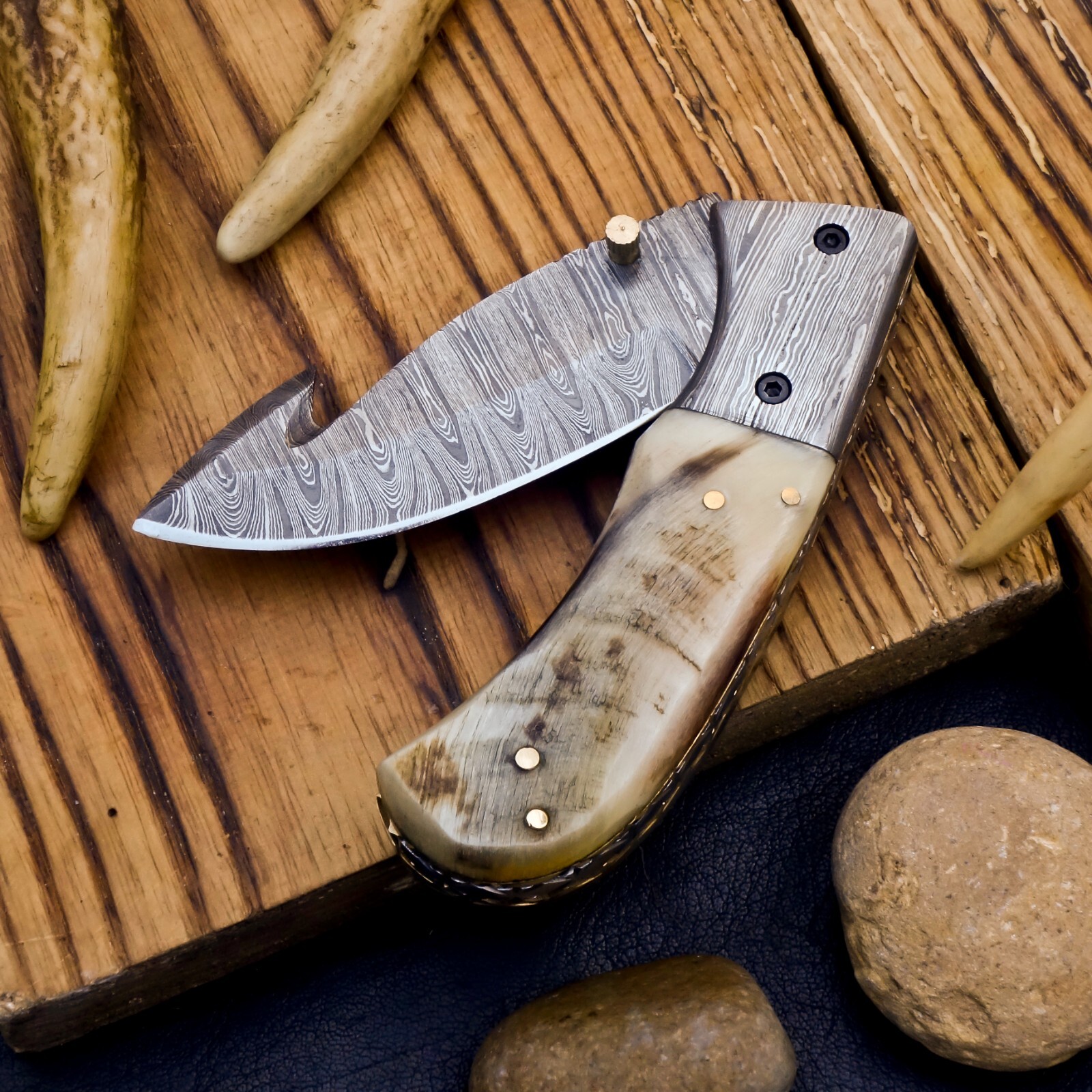 SHARD Custom Hand Forged Damascus Pocket Knife Folding Gut Hook Blade W/Sheath