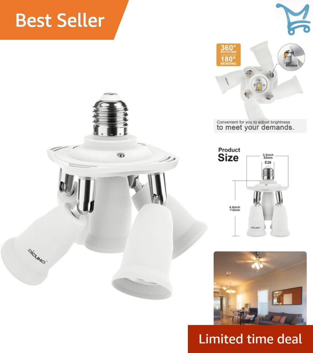 5 in 1 E26 Light Socket Splitter Adapter for LED Bulbs, Adjustable, 300W