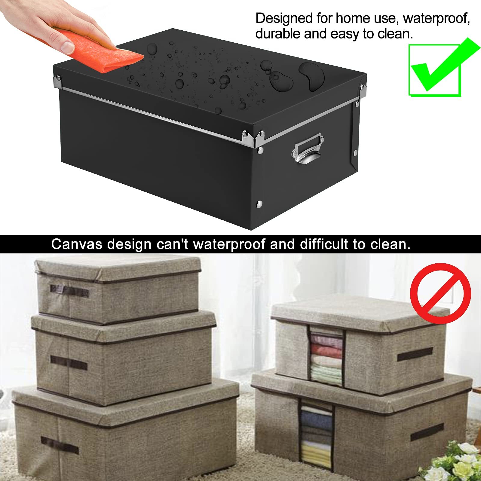 SEEKIND Decorative Storage Bins with Lid 3-Pack Foldable Space Saver Black
