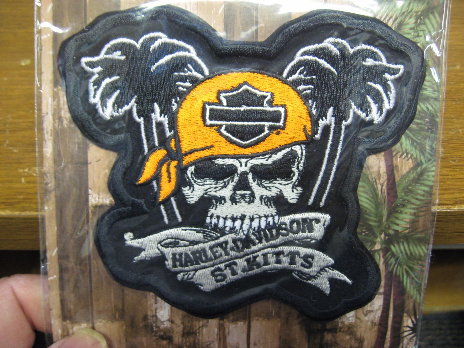Harley Davidson Emblem 4.5" x 5" Sew On Patch - Caribbean St. Kitts Skull