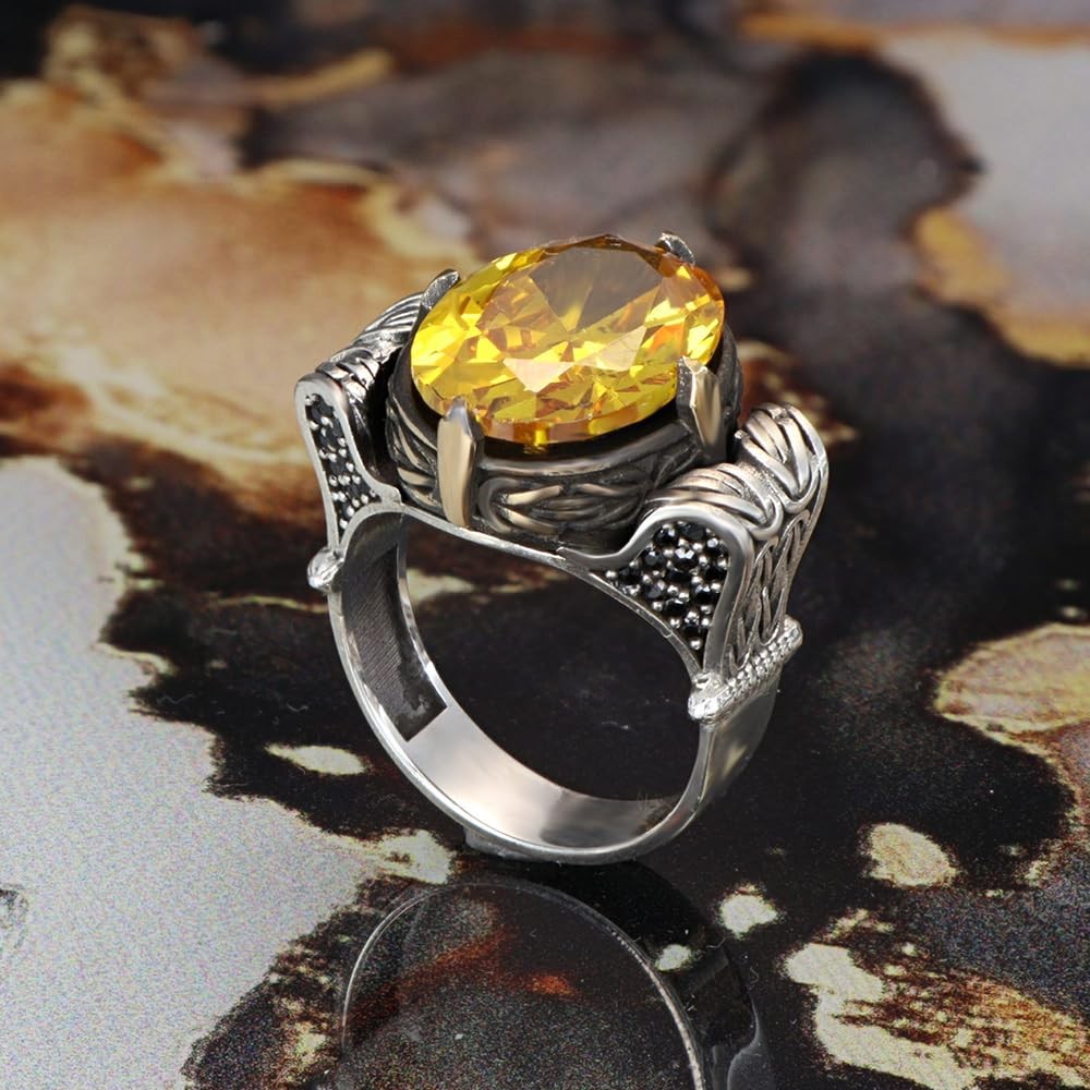 Byzantine Chain Design 925 Sterling Silver Citrine Stone Men's Ring, Handmade