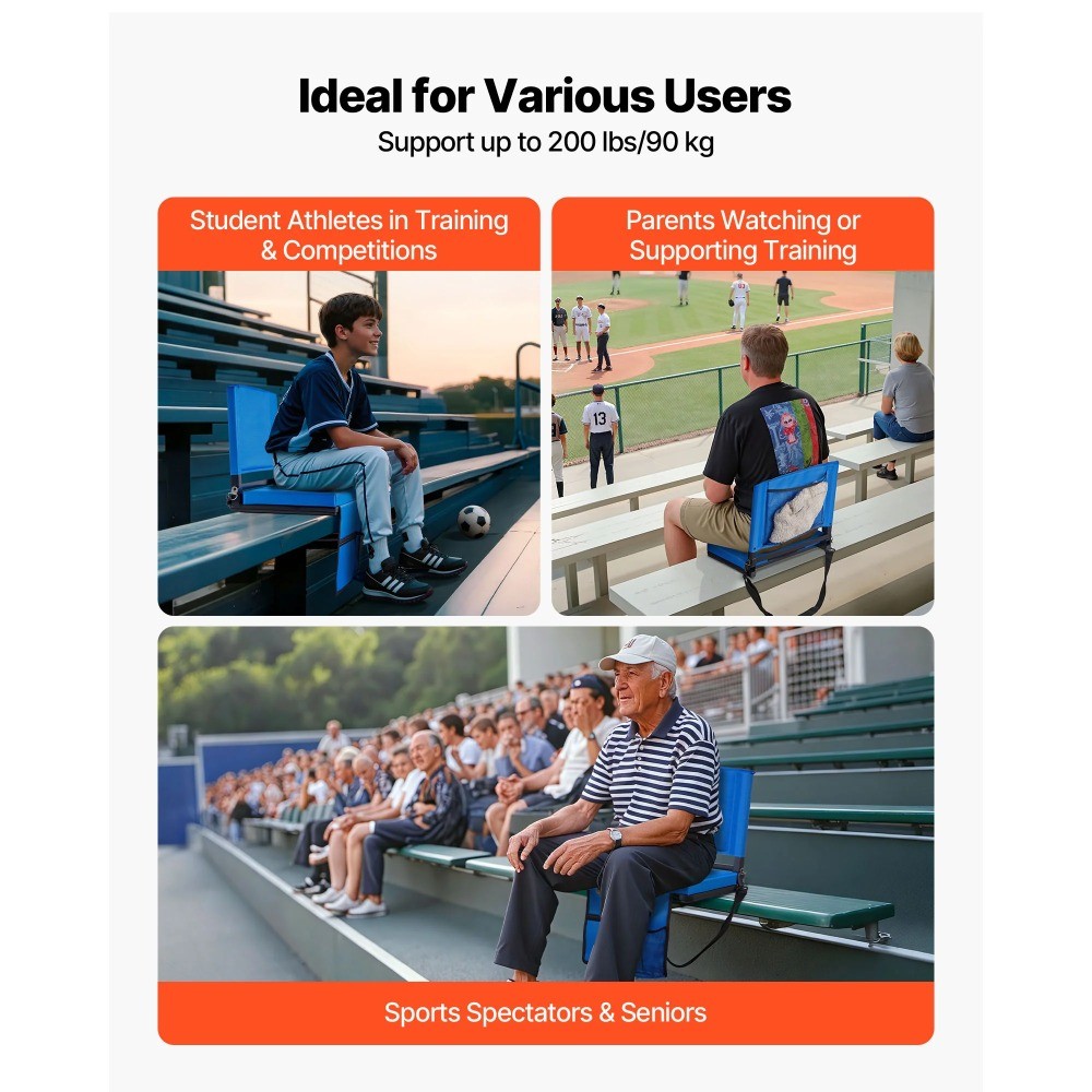 Seat with Backrest and Cushion, Portable Bleacher Chair with Shoulder Strap