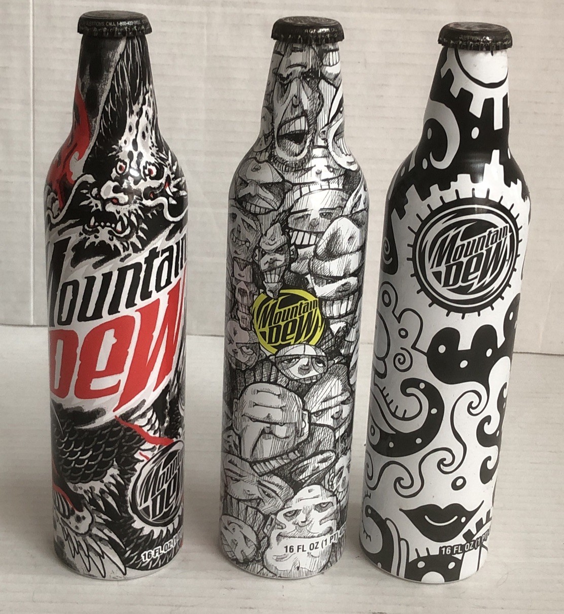 Mountain Dew Green Label Art Aluminum Bottles Lot of 3 Full Black White