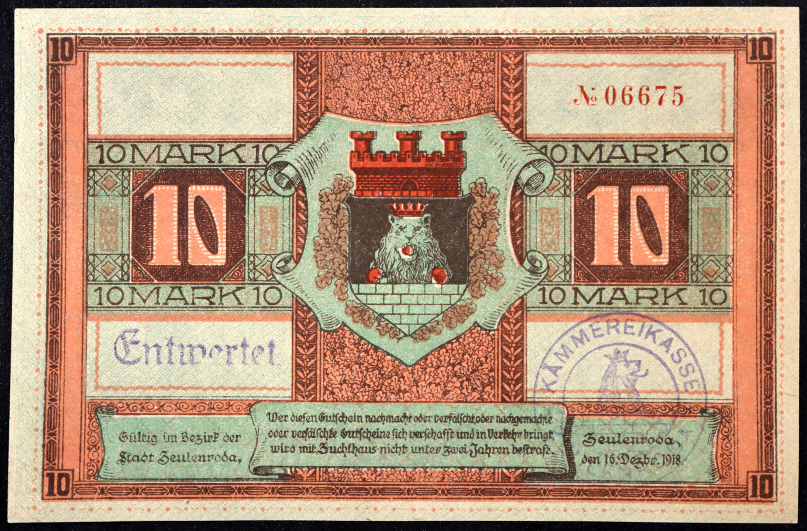 ZEULENRODA 1918 Uncataloged stamp! "King Hamster" 10 Mark Grossnotgeld Germany