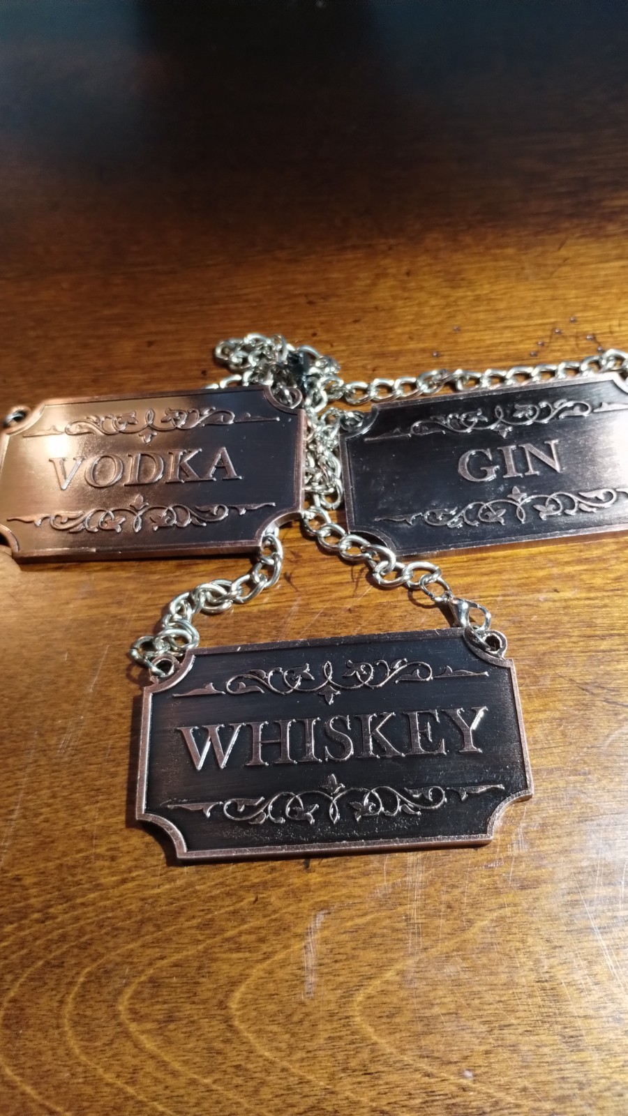 three copper liquor bottle tags vodka gin whiskey 3.75"wide