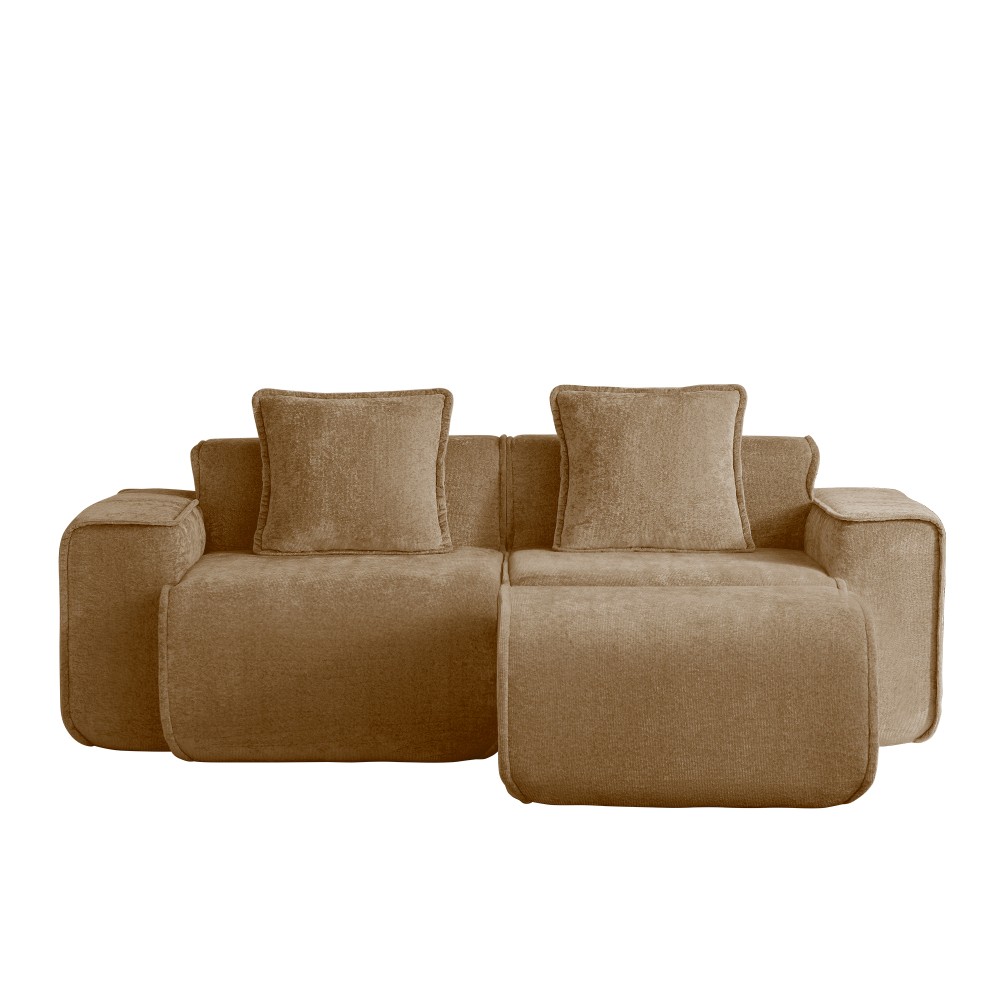 L-Shape Sectional Sofa w/ Ottoman Compressed Sofa Velvet Brown, No Assembly