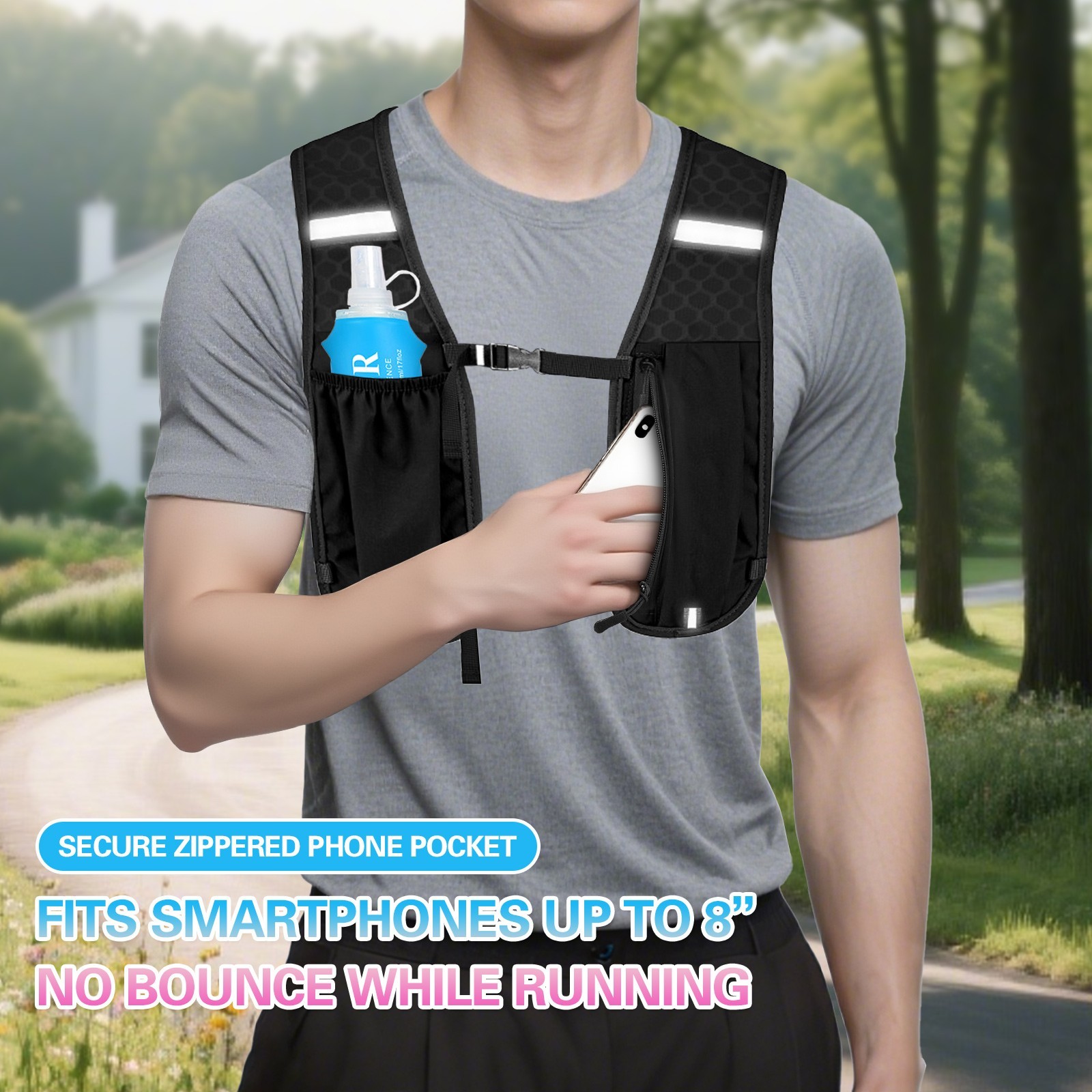 Running Hydration Vest Backpack 500ml Soft Flask Emergency Blanket Reflective