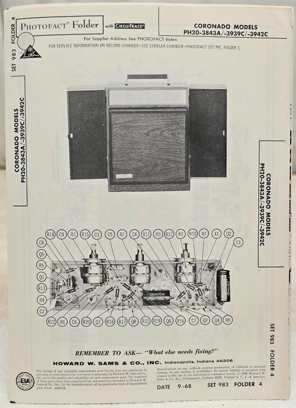 CORONADO Record Player PH20-3843A/-3939C/-3942C Sams 1968 Schematic & Parts