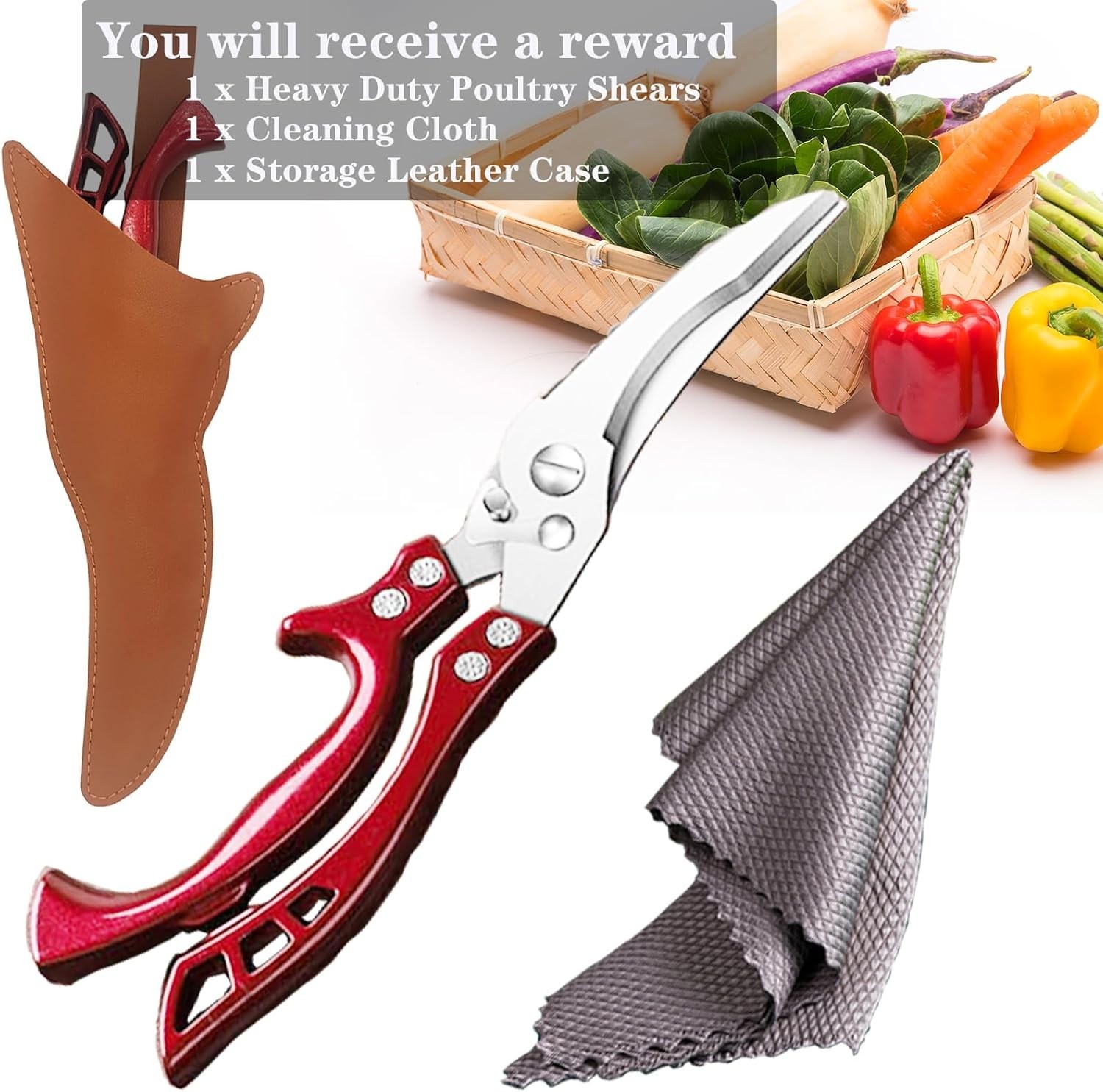 Versatile Heavy-Duty Kitchen Scissors - Non-Slip Red Handles & Leather Sheath