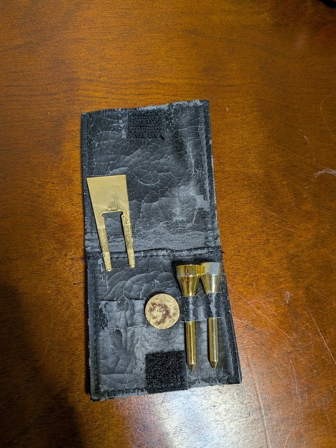 Vtg Gold Tone Metal Golf Tee Set Divot Tool Ball Marker Pouch RETRO Heavy Wear