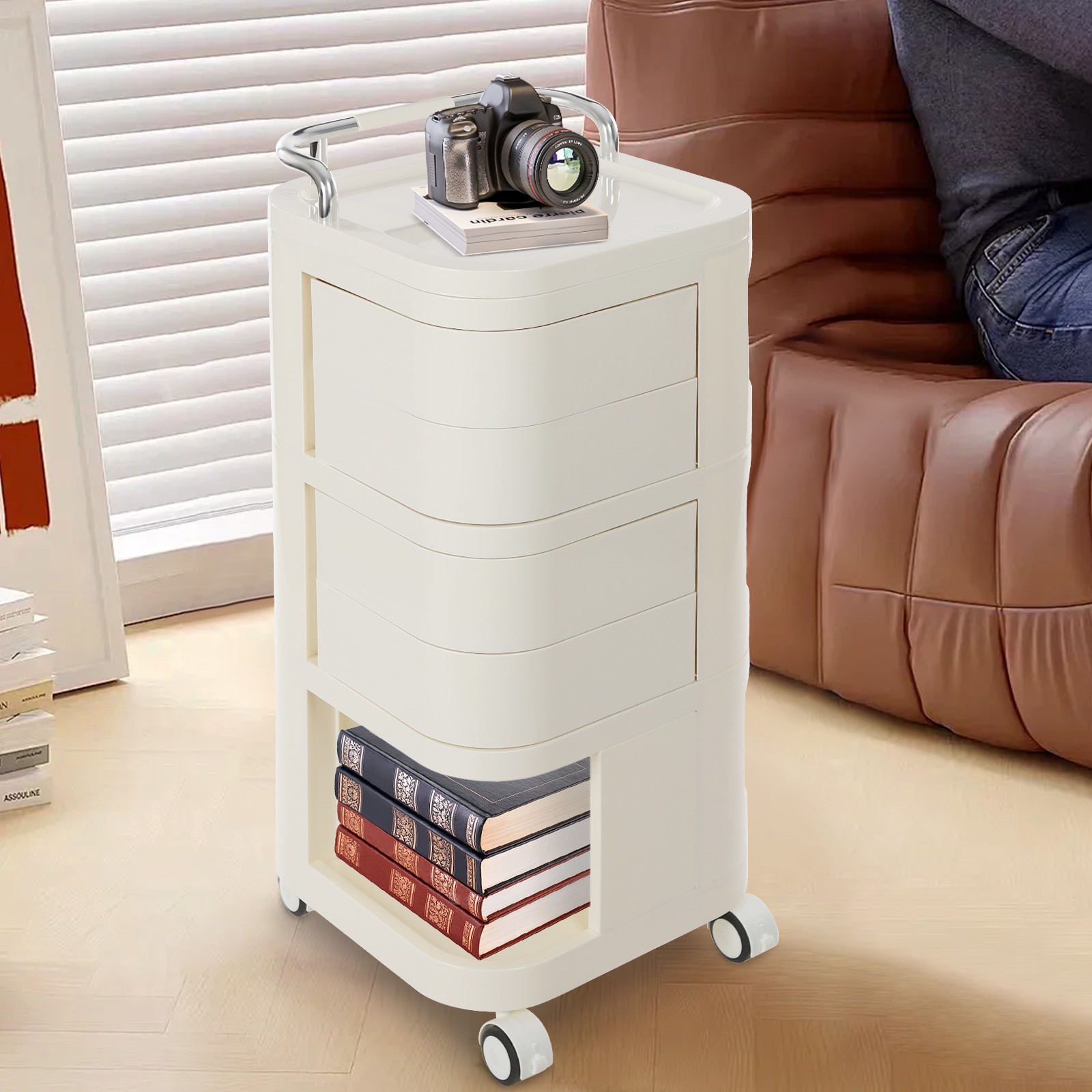 3 Tiers Cream Color Snack Trolley 35kg Storage Cart Movable Storage Cabinet ABS