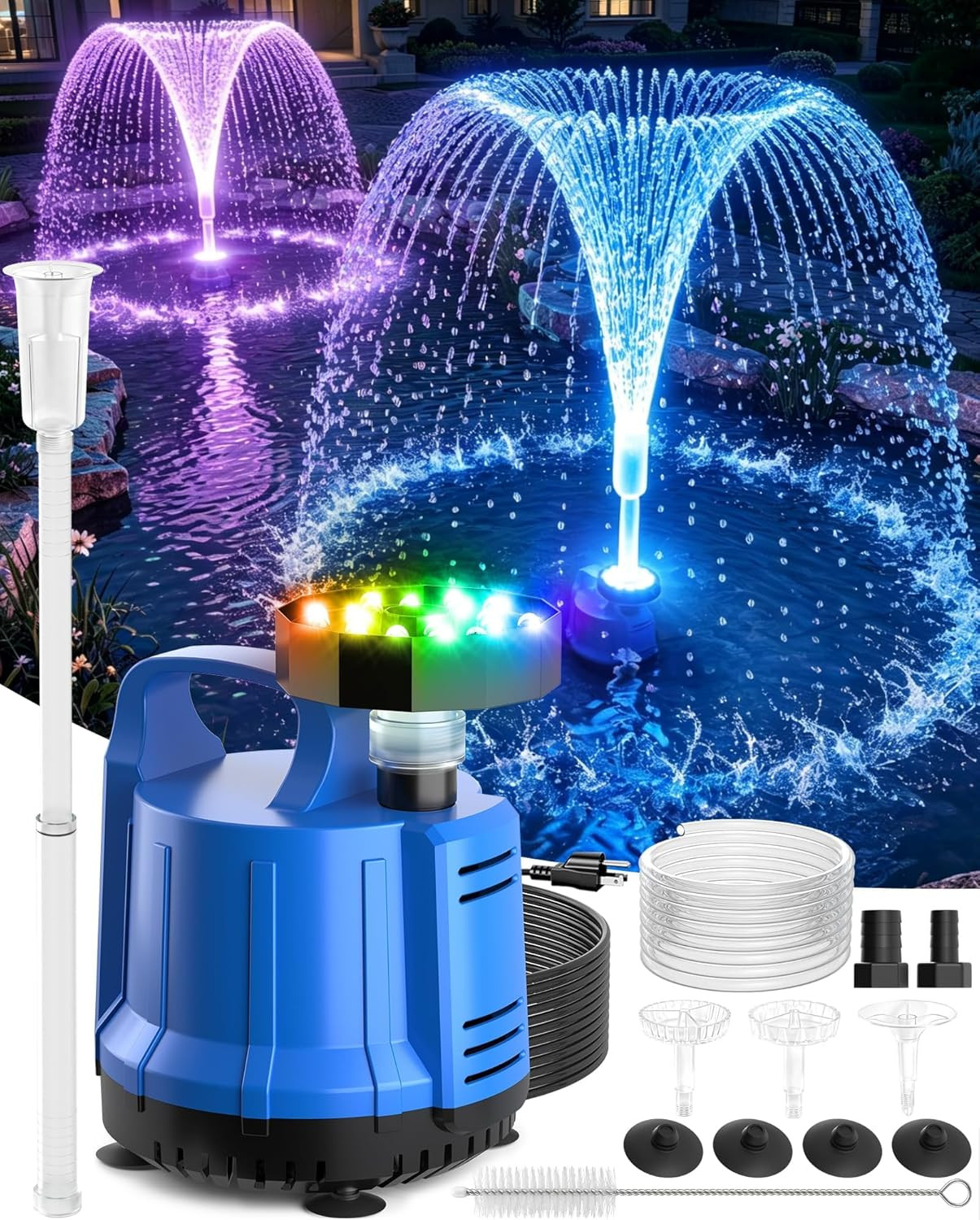 2-In-1 Pool Cover Pump with Fountain Lights, Submersible Water Pump Swimming Wat