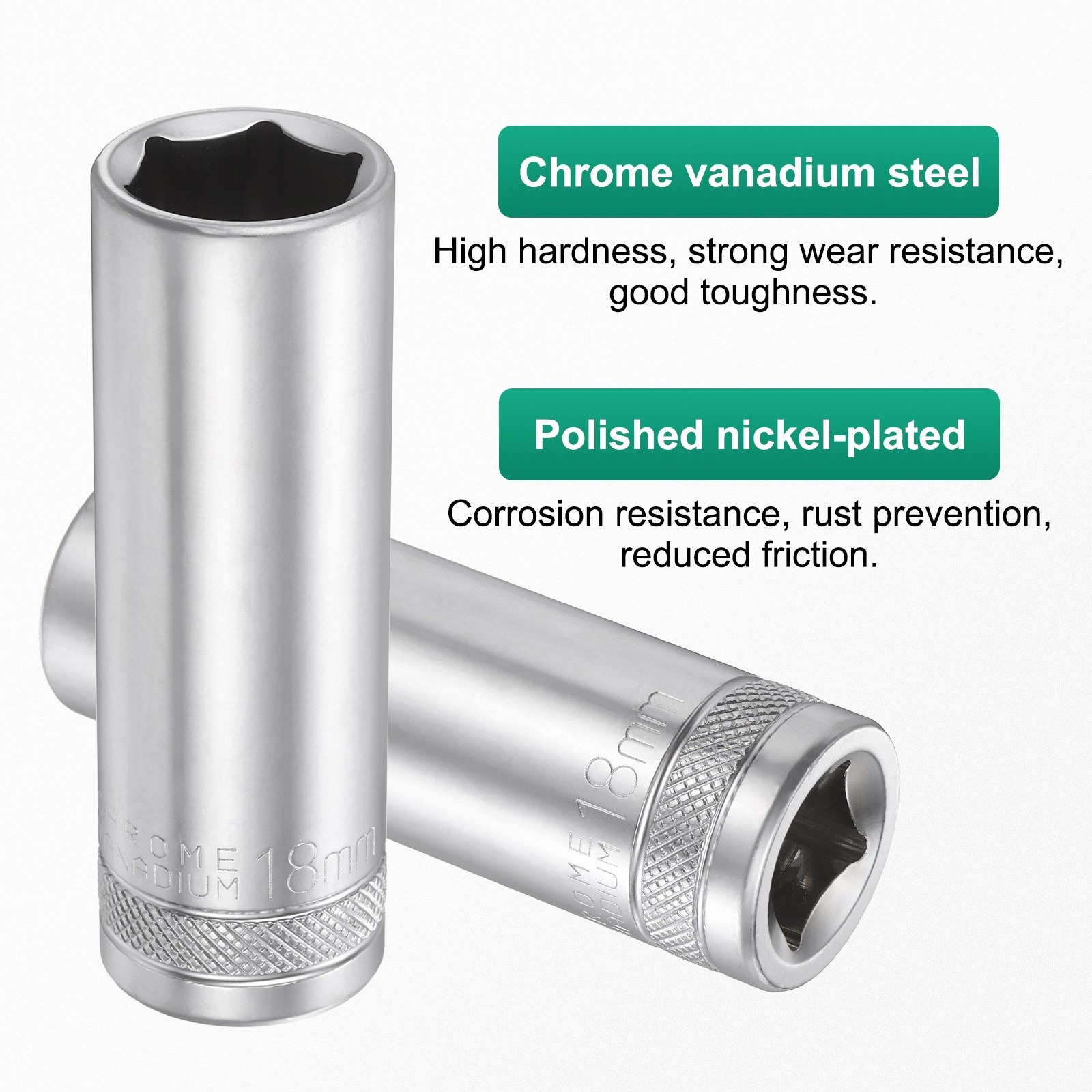 3pcs 6 Points Deep Socket 1/2" Drive 18mm Nickel Plating Hex Socket 3.1" Long
