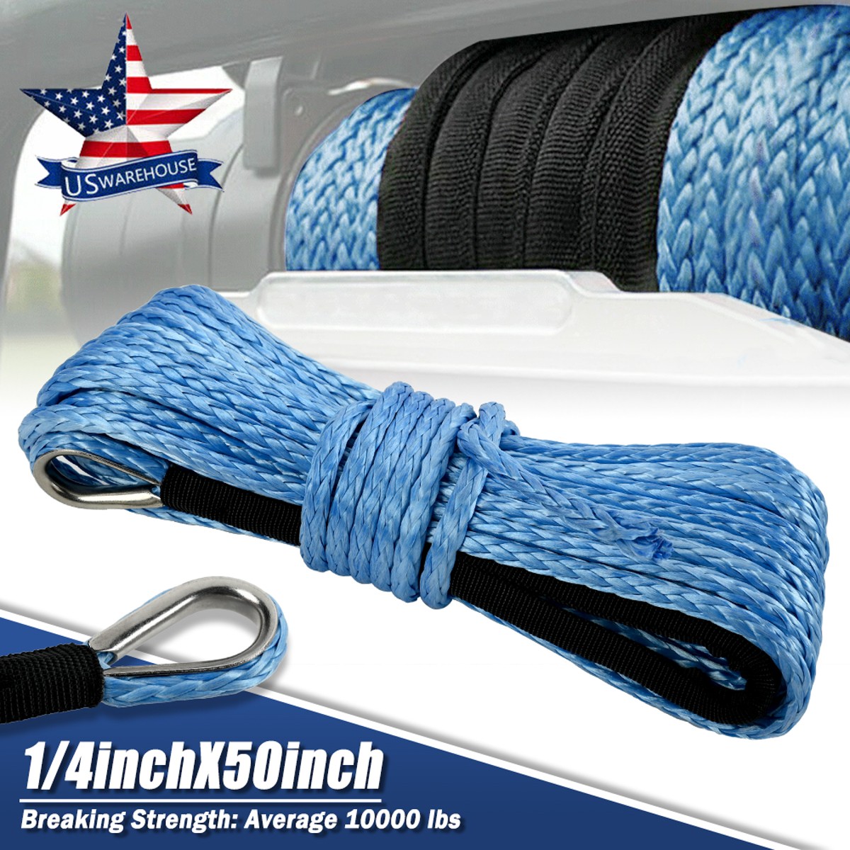 1x 1/4''x50' Synthetic Winch Rope Line New Recovery Cable 10000LBS 4WD SUV Blue