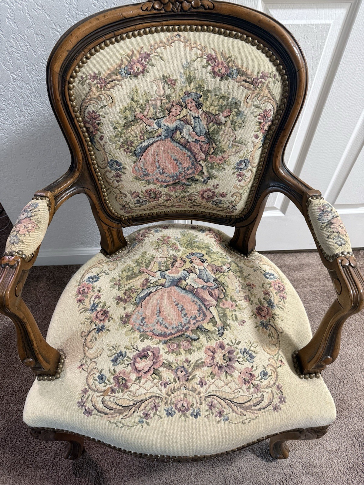 Vintage French Louis XV Style Needlepoint Arm Chair with Pink Pastoral Scene Tap