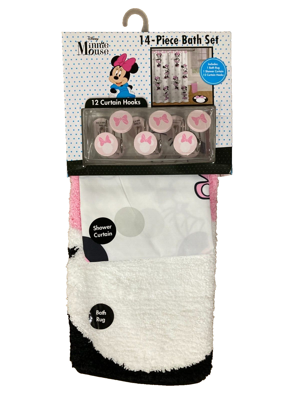 Minnie Mouse Bath Set, Rug, Shower Curtain, Hooks, Kids Bath Set, 14 Piece