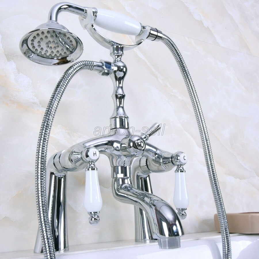 Polished Chrome Brass Deck Mount Clawfoot Tub Filler Faucet Set W/ HandShower