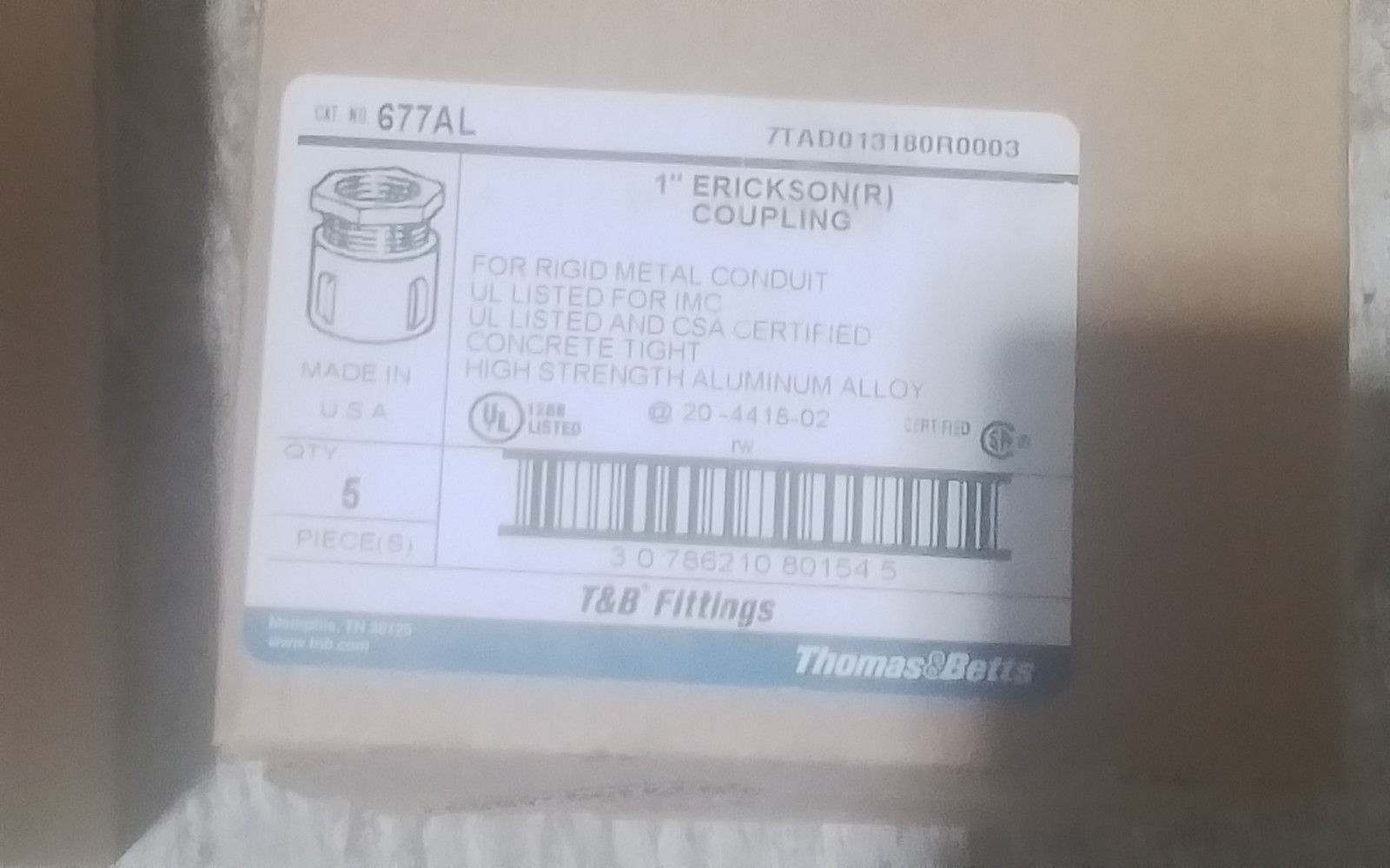 BOX OF 5 T&B 1'' FITTINGS ERICKSON COUPLING 677AL (F12B)