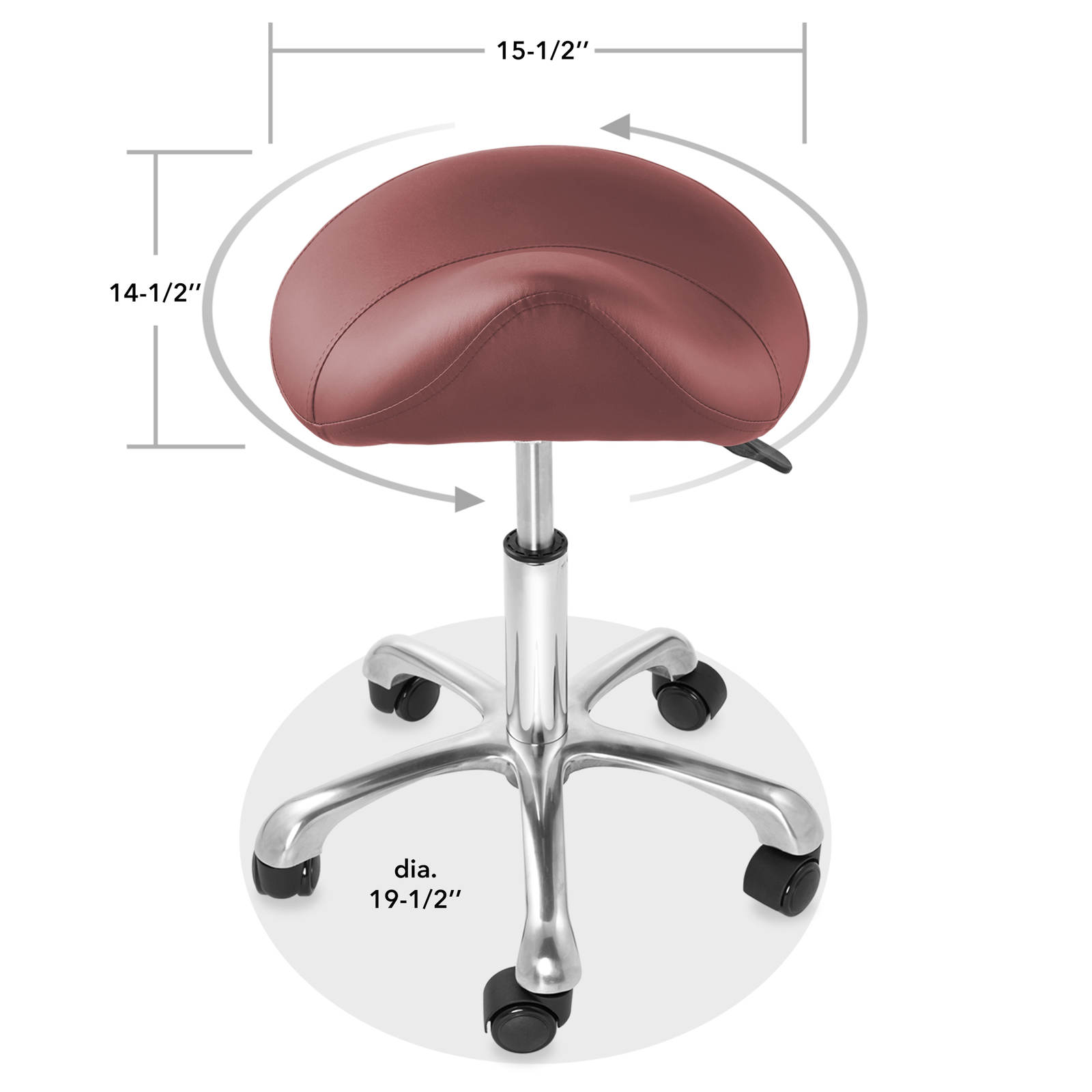 Hydraulic Adjustable Rolling Saddle Stool - Ergonomic, Swivel Wheels - Burgundy