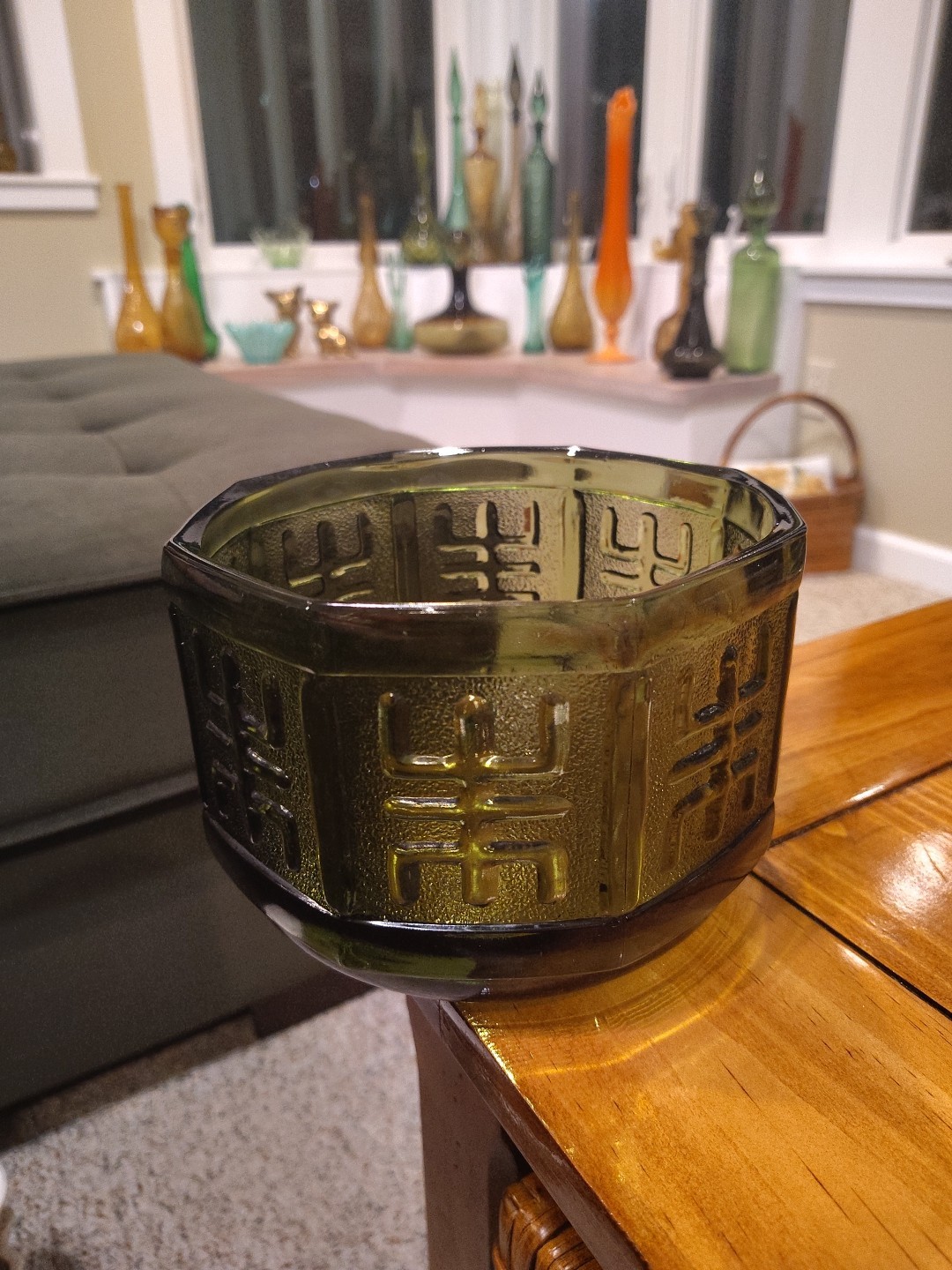 1970s Indiana Glass Avocado Green "Aztec" Octagon Planter Bowl