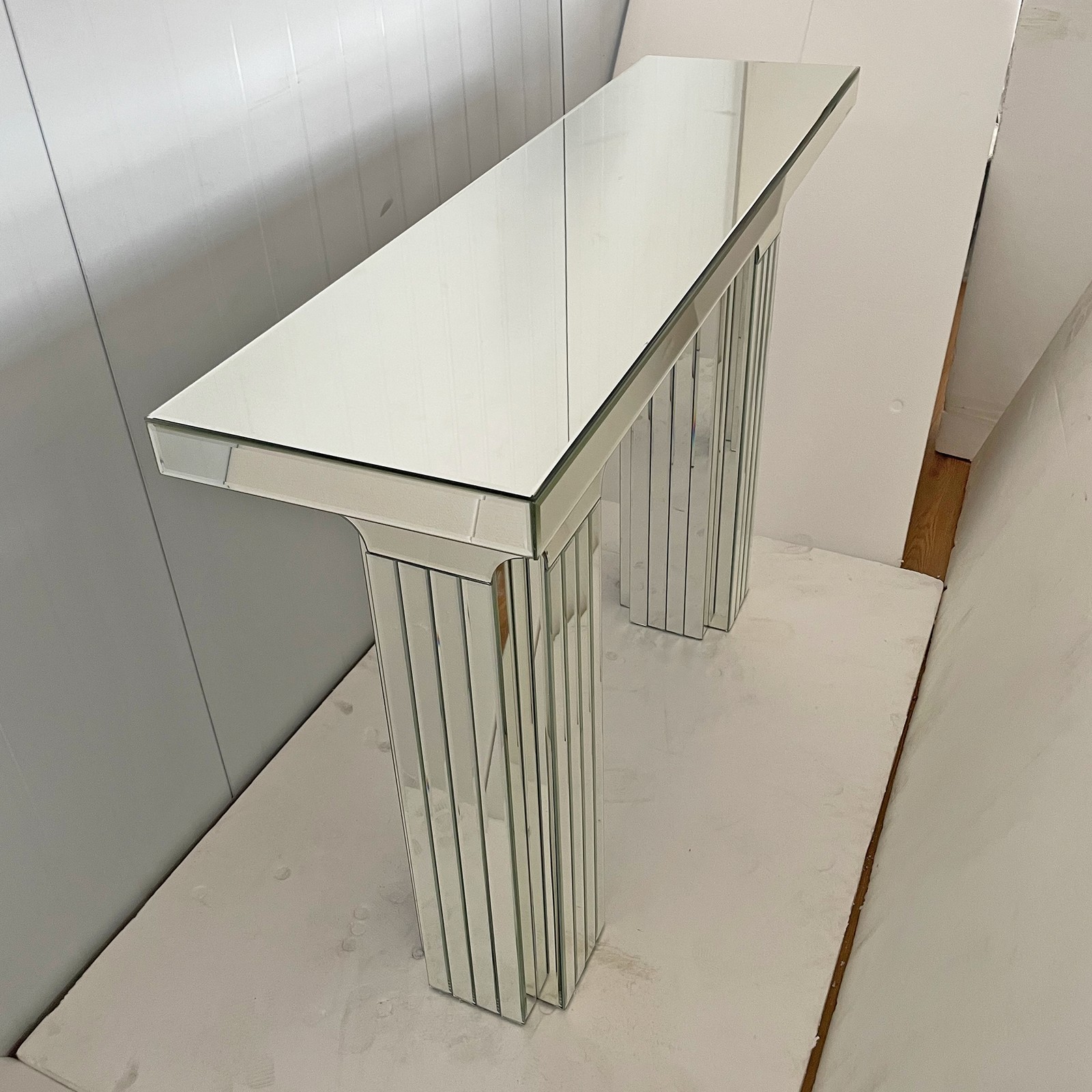 Mirrored Console Table Wide Bling Silver Mirror Entryway Desk Modern Rectangle S
