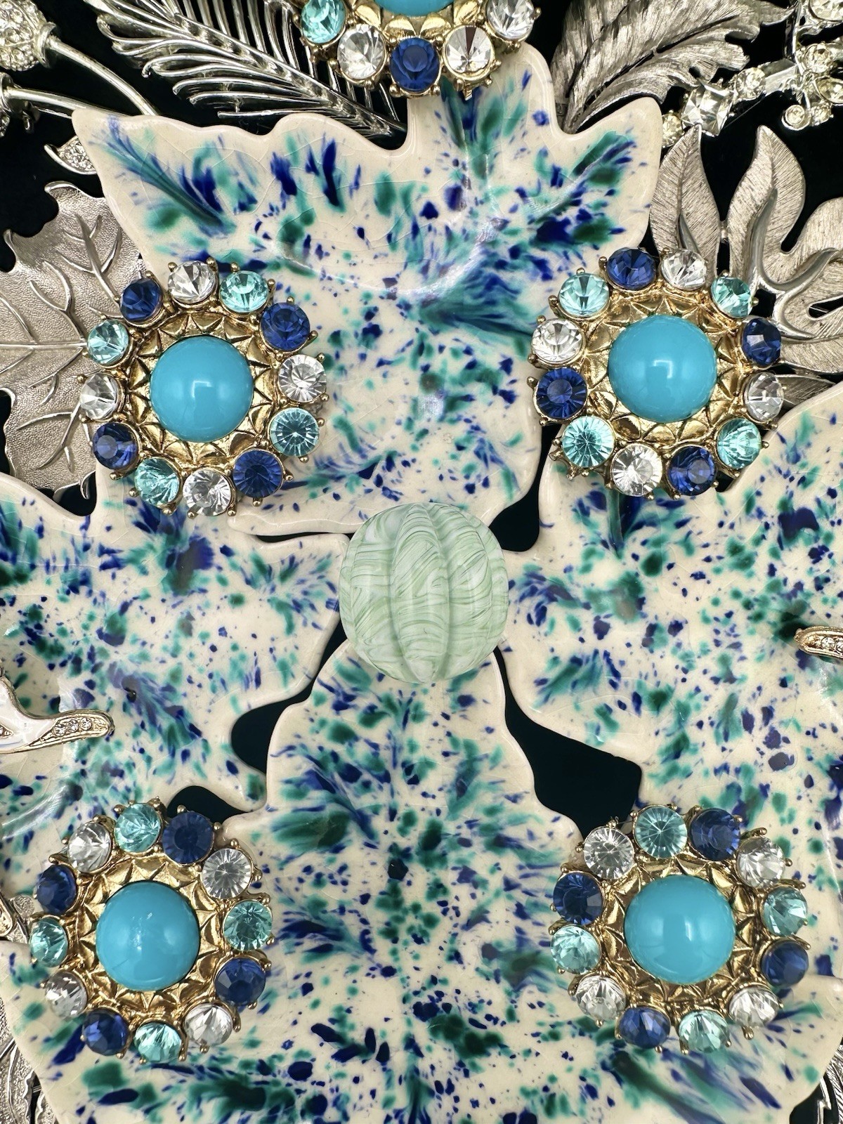 Jewelry & Ceramic Framed Artwork 8x10” Blue & Silver Wall/Tabletop Display OOAK