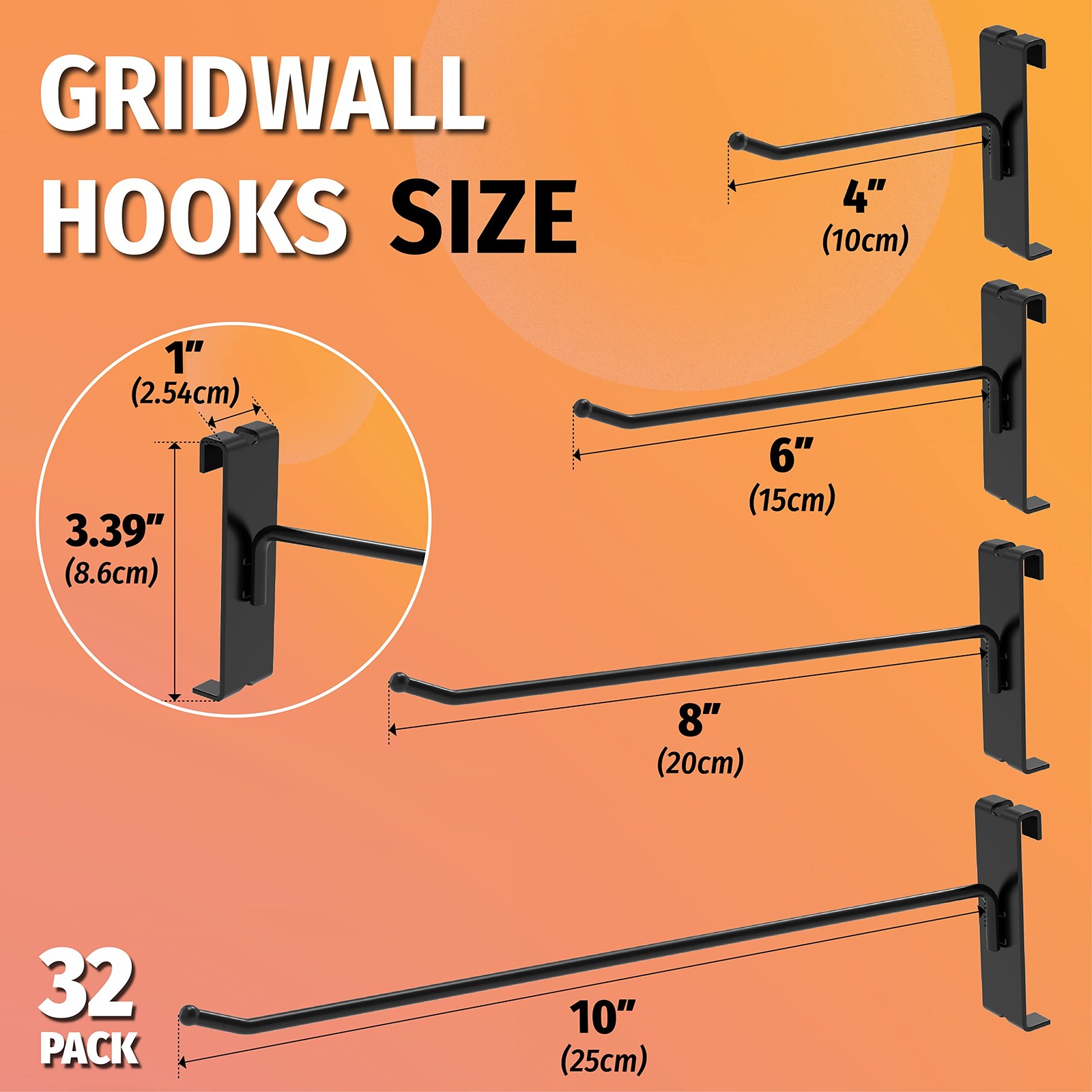 32 Pack 6 Inch Black Gridwall Hooks for 3 × 3 Wire Grid Panel