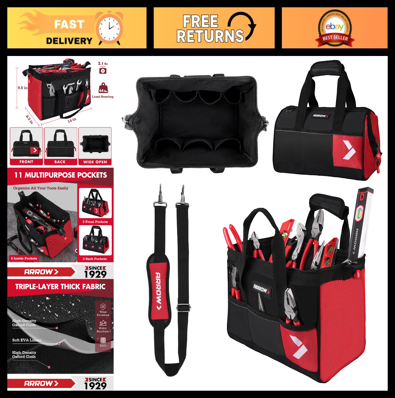 Heavy Duty 14" Tool Bag Organizer with Anti-Slip Feet, 11 Pockets, Reflective Ba