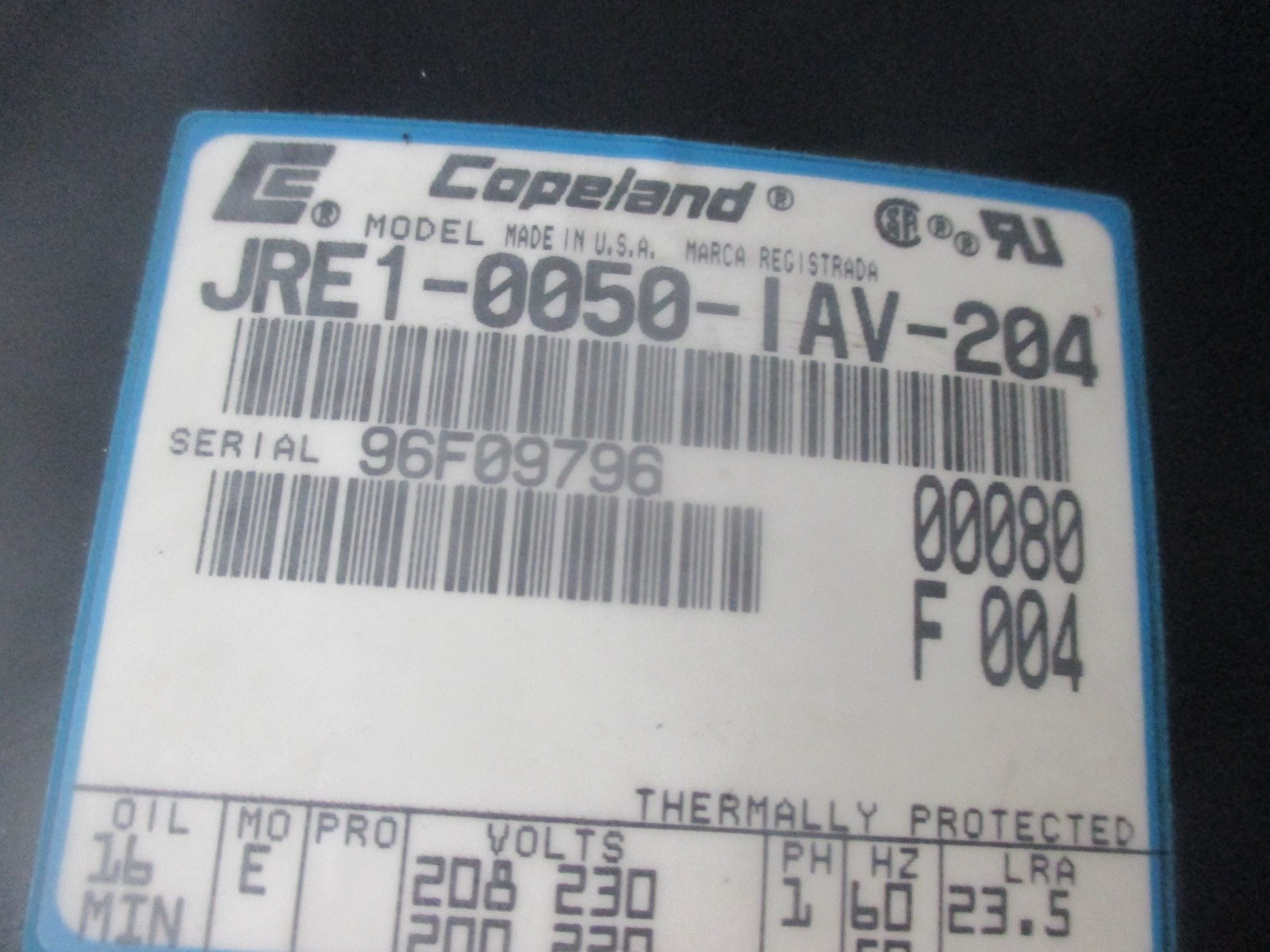 Copeland JRE1-0050-AIV-204 Compressor Reciprocating 208/230V w/014-0008-73