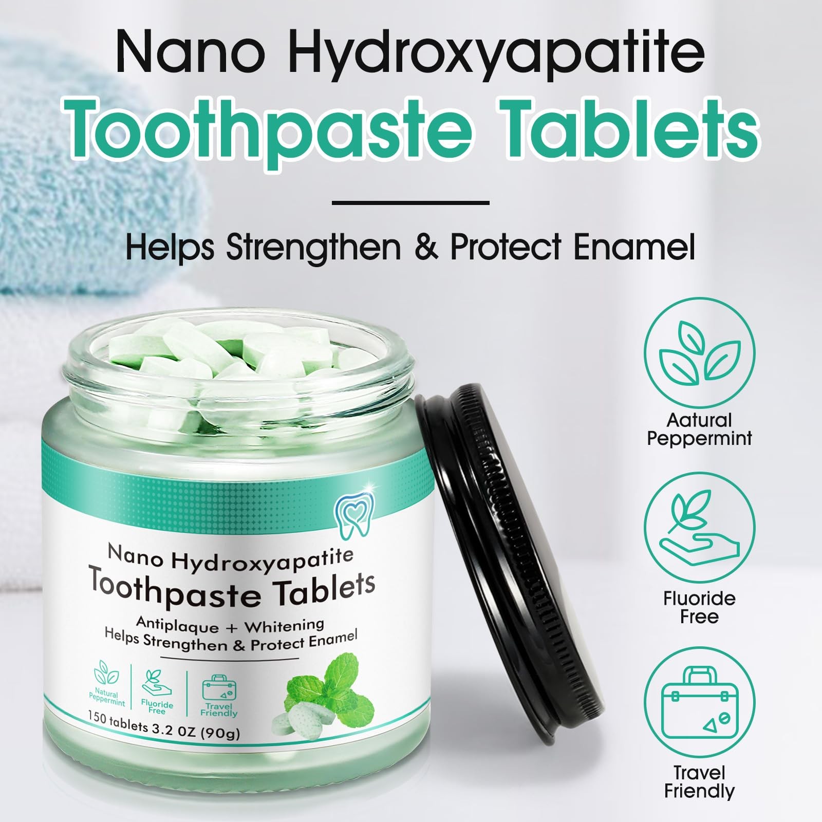 Whitening Toothpaste Tablets 150 Count - Nano Hydroxyapatite Fluoride Free Tabs.