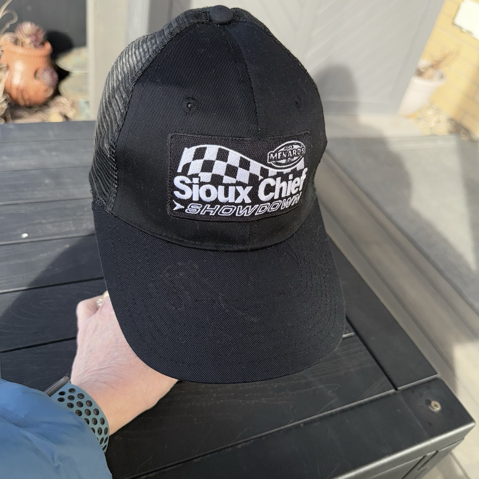 Menards Sioux Chief Show Down in  White on Black Trucker Hat Cap Snapback