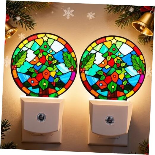 2 Pcs Plug in Night Light, Christmas Tree Night Lights Colorful Glass Trees