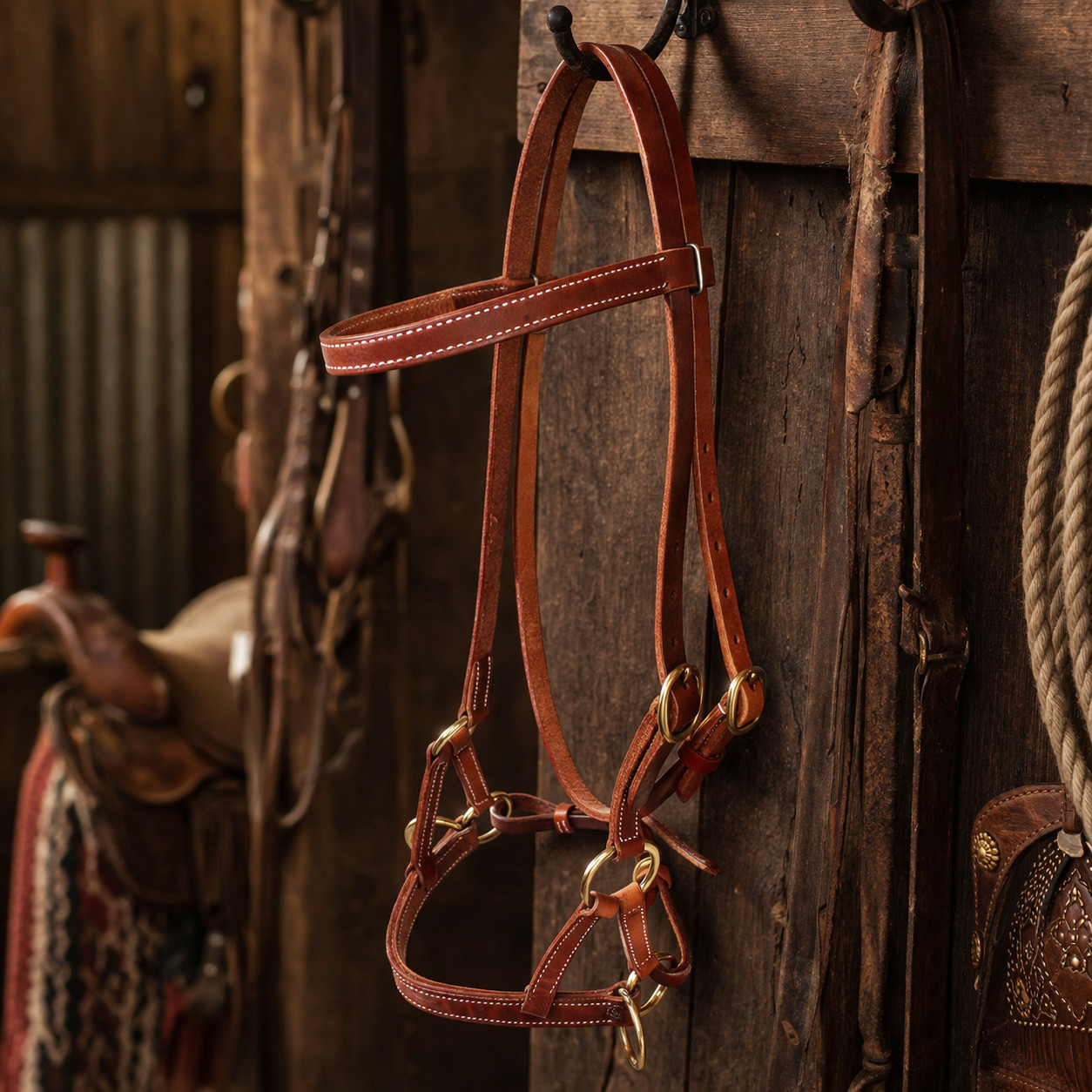 Horse Western Leather Bitless Training Aide Side Pull Bridle Brass 77RT01