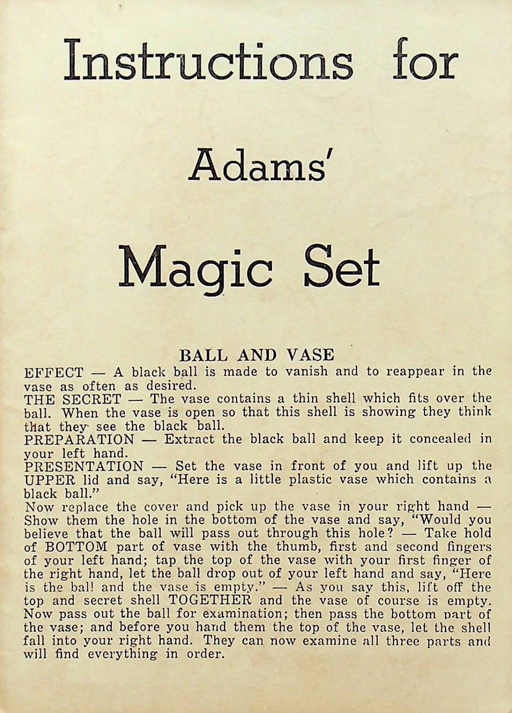 1962 ADAMS' MAGIC SET INSTRUCTIONS ONLY - Z-62