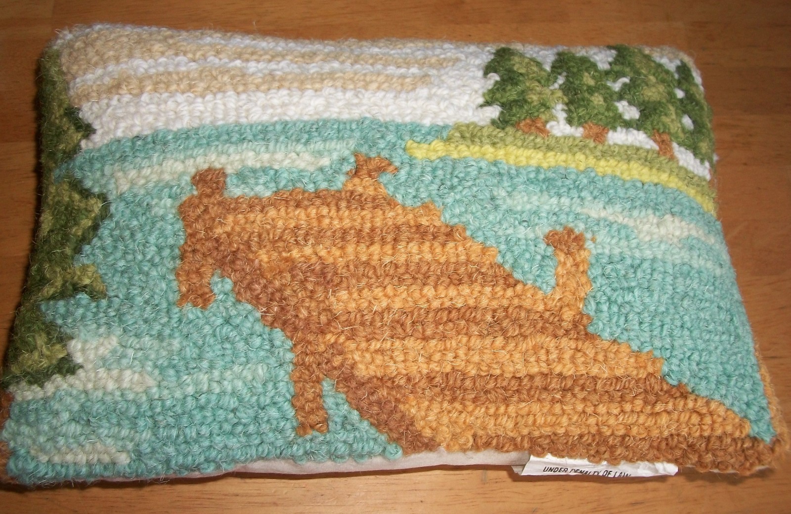Peking Handicraft WOOL HOOKED LANDSCAPE Trees BOATDOCK Velvet Pillow 8x12 NWT