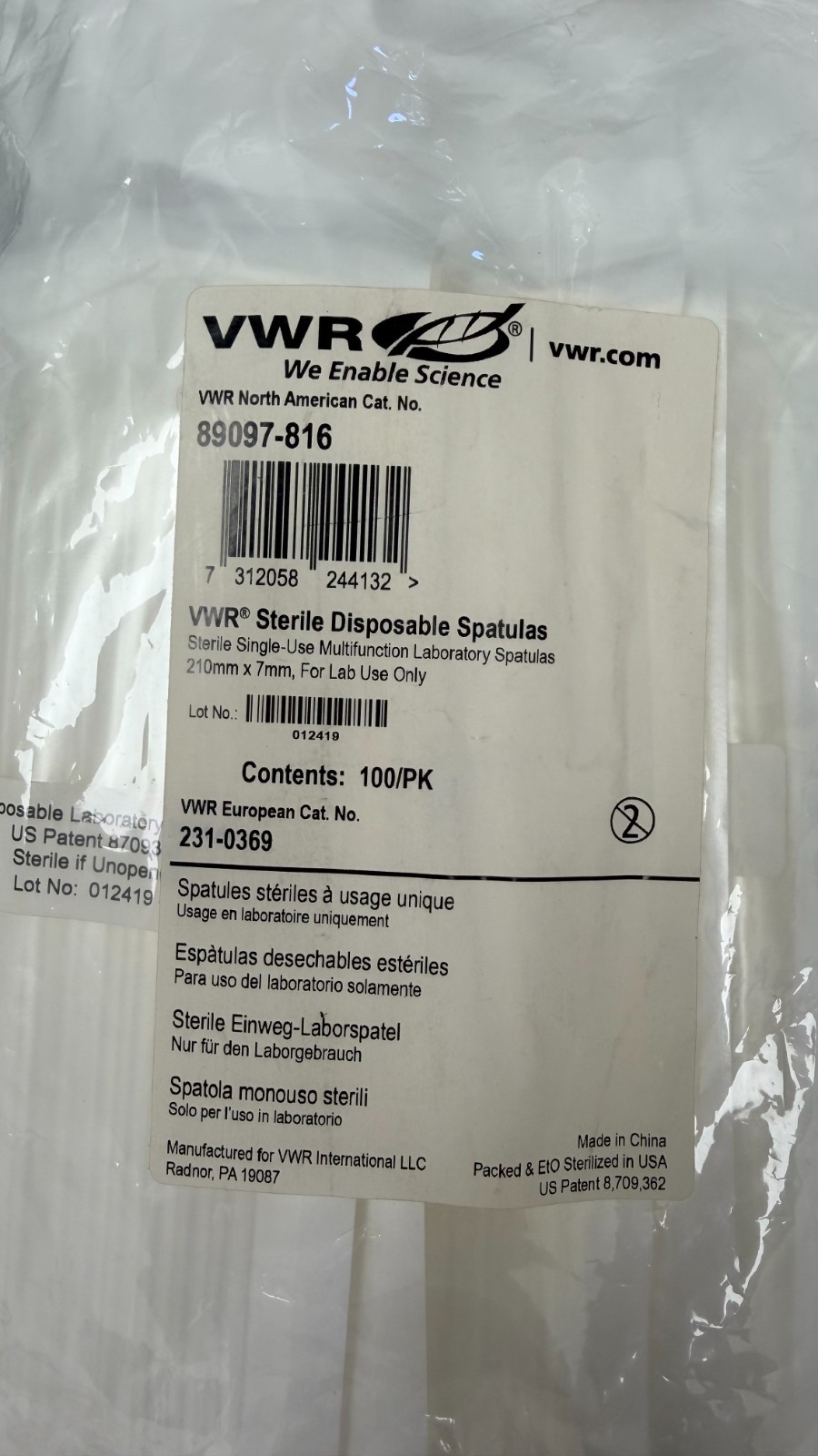 VWR Sterile Disposable Spatulas 210mm x 7mm Cat No. 89097-816 100/Pack Sealed
