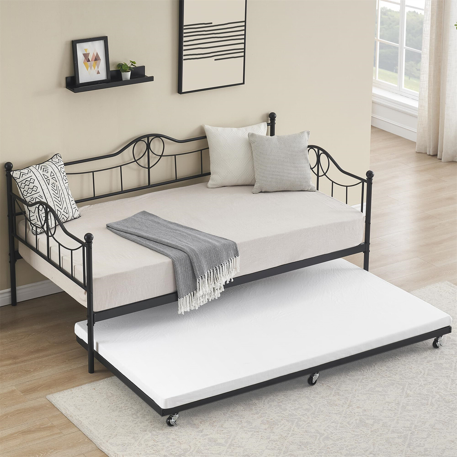 🔥Daybed and Trundle Twin Daybed with Pull Out Trundle Platform Bed Frame Sofa B