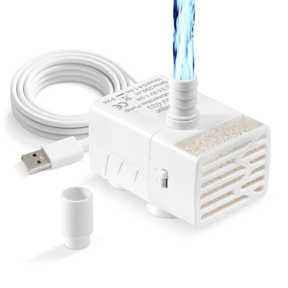 Novique 200L/H Submersible Water Pump Ultra Silent USB Small 1 Pack, White