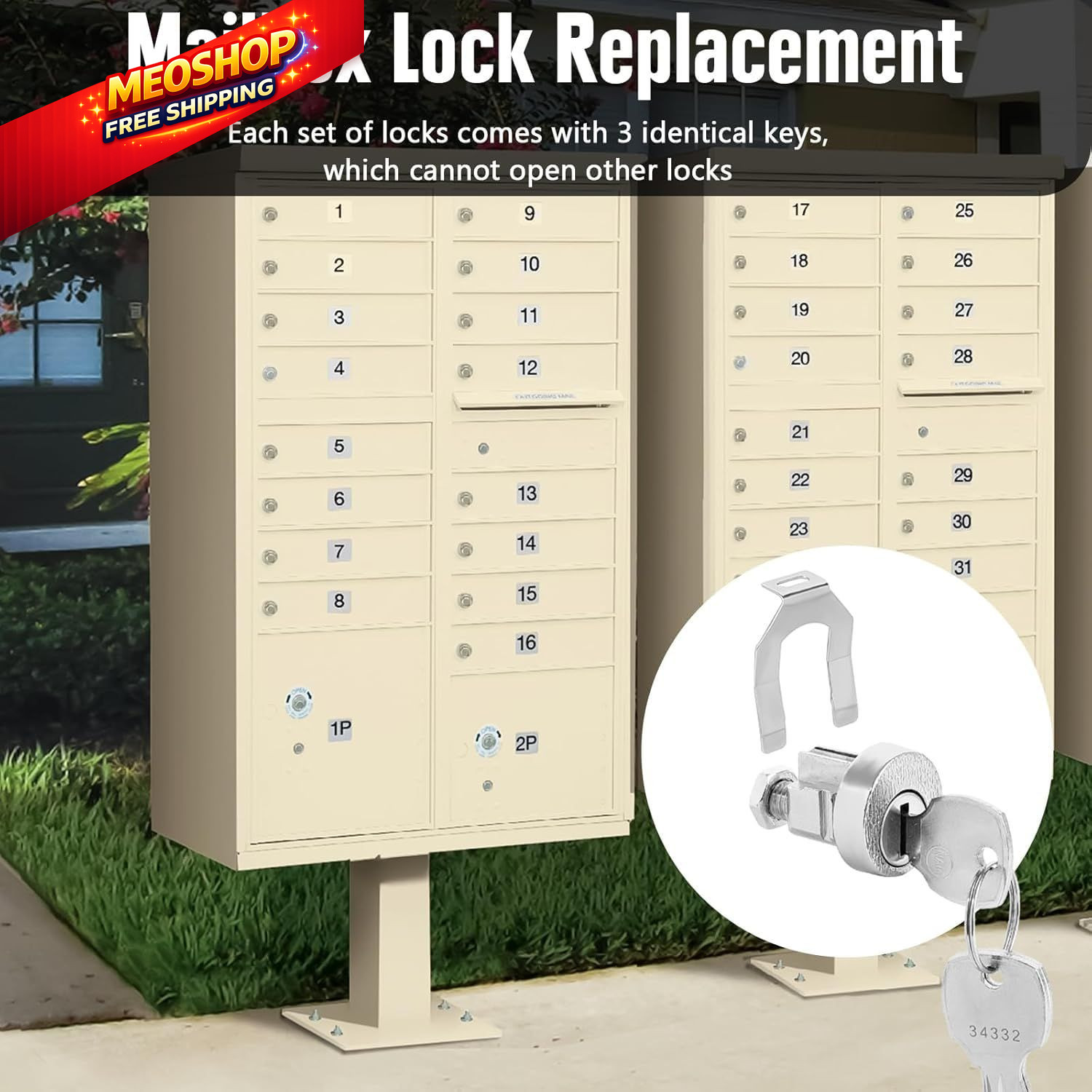 1 Pack L-1172C Mailbox Lock Replacement C9100 Key with 3 ‎Silver
