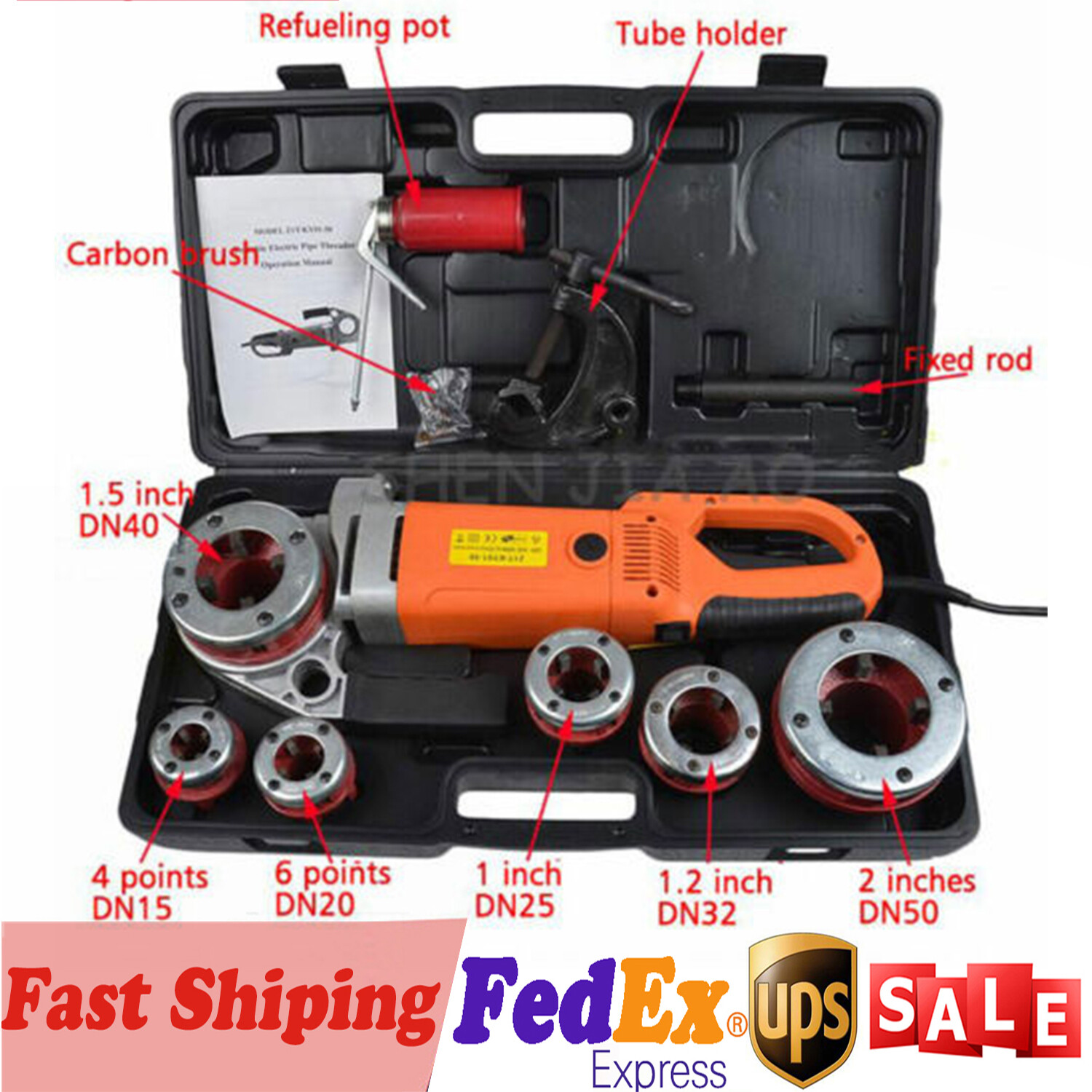 Portable Electric Tube Threading Machine Pipe Threader Kit with Clamp & 6 Dies