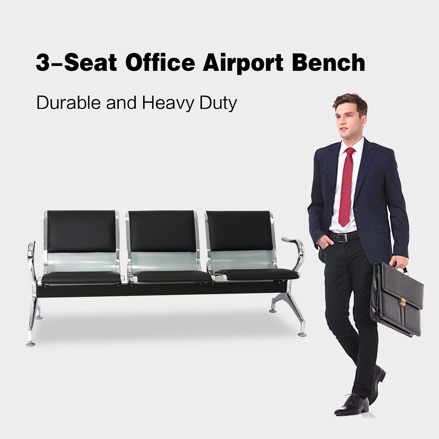 Heavy PU Leather 3 Seat Office Bank Airport Reception Waiting Room Bench Chair